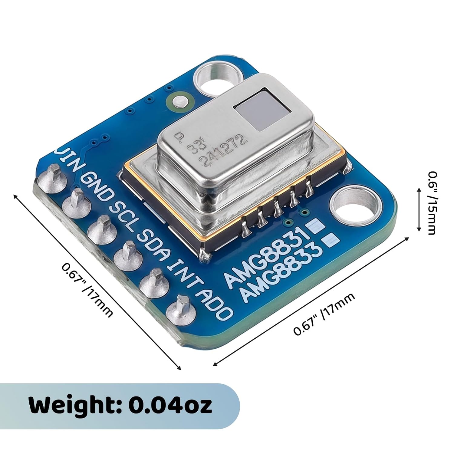 Image showing the dimensions of the AMG8833 module (0.67 inches / 17mm per side) and its weight (0.04oz).