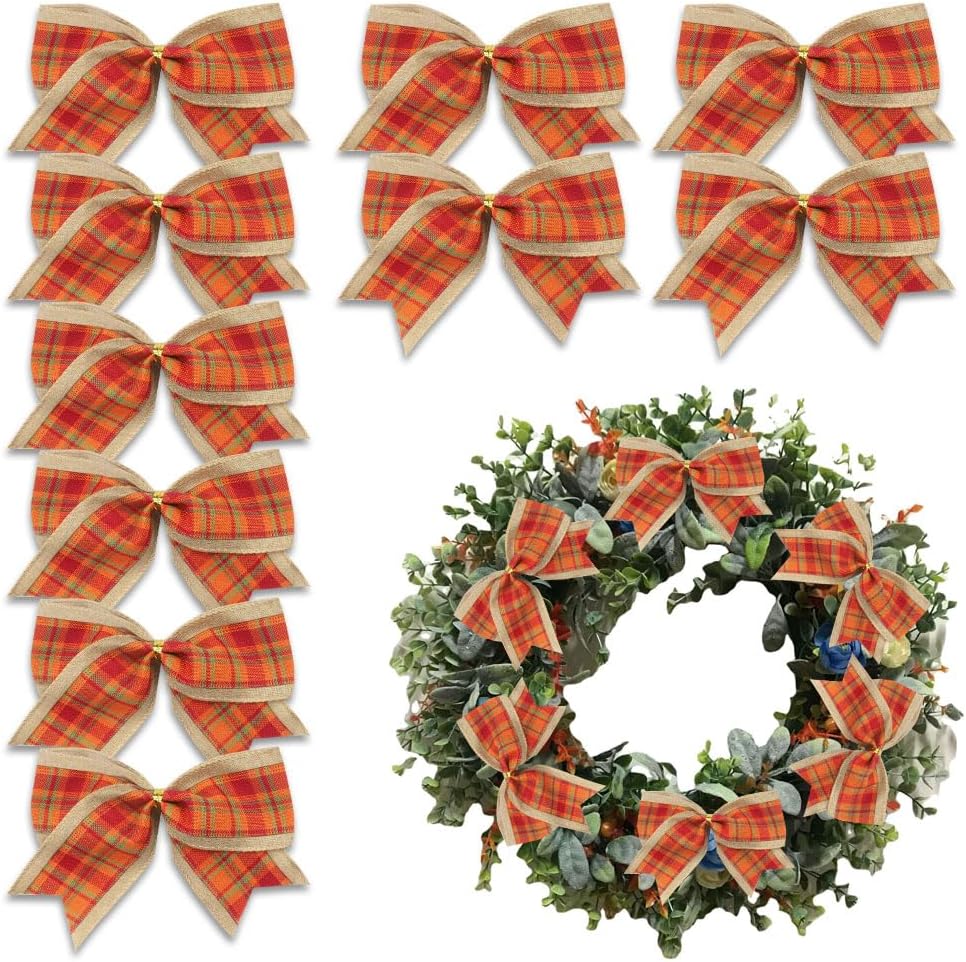 Estivaux 10 PCS Fall Bows for Wreath, Thanksgiving Wreath Bows Orange Red Buffalo Plaid Bow Natural Burlap Craft Bow Holiday Farmhouse Tree Bows for Basket Autumn Thanksgiving Decorations Supplies