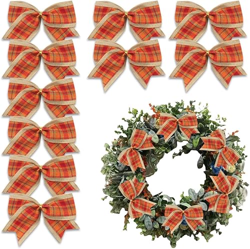 10 lazos de otoño para corona, lazos de corona de Acción de Gracias, lazo naranja y rojo a cuadros, lazo de arpillera natural, lazos de árbol de
