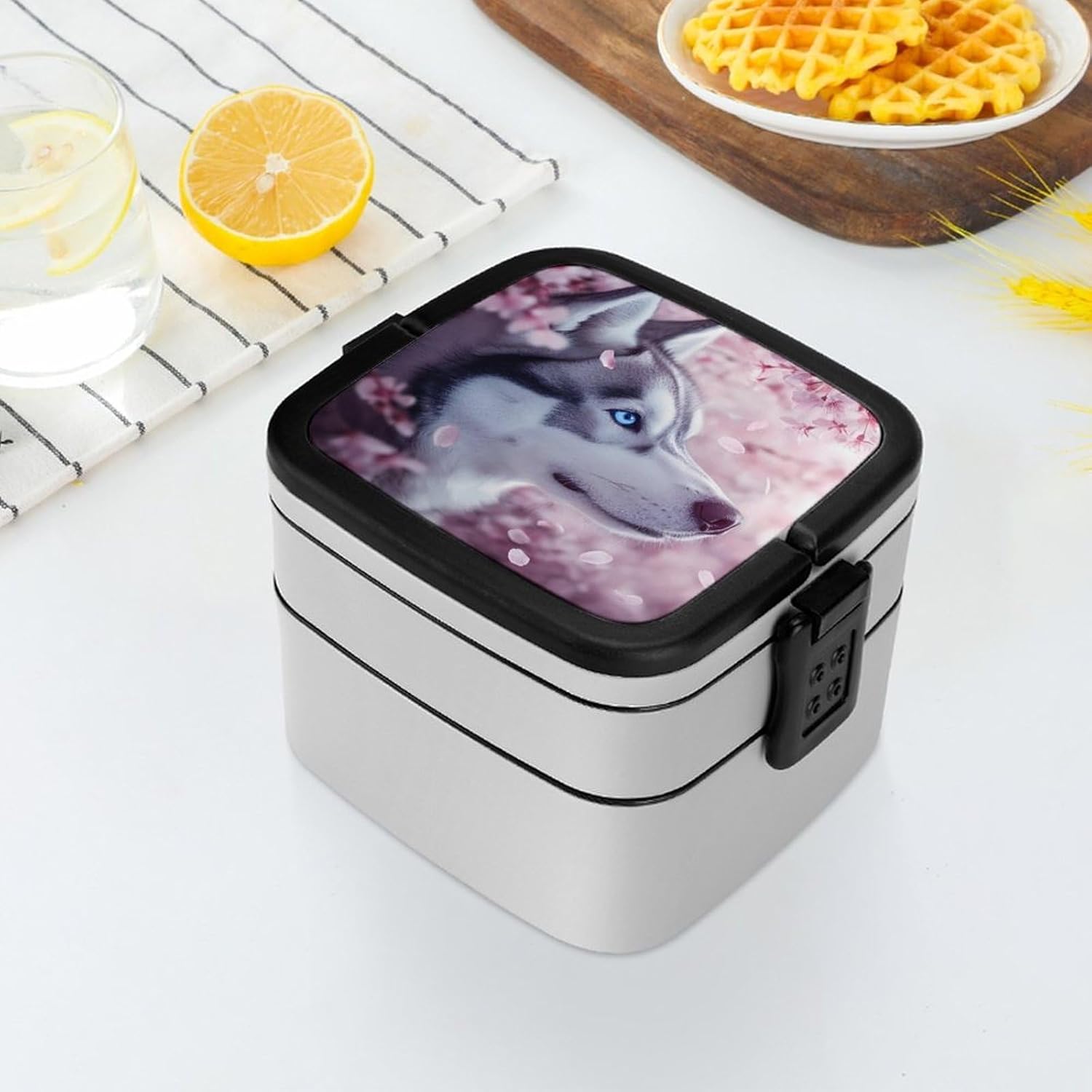 Cute Dog Husky Bento Box with Spoon 2 Layer Food Container Cute Lunch Box for Travel Dining Work