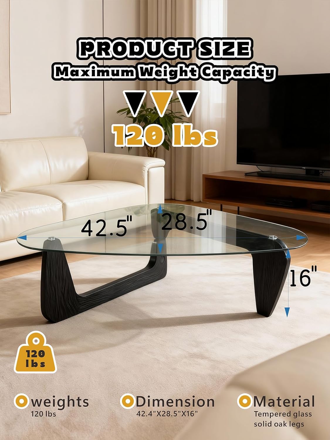 Morden Coffee Table,Glass Coffee Table with Natural Wood Legs,42.5" x 28.5" x 16" Triangle Tempered Glass Top for Living Room, Black