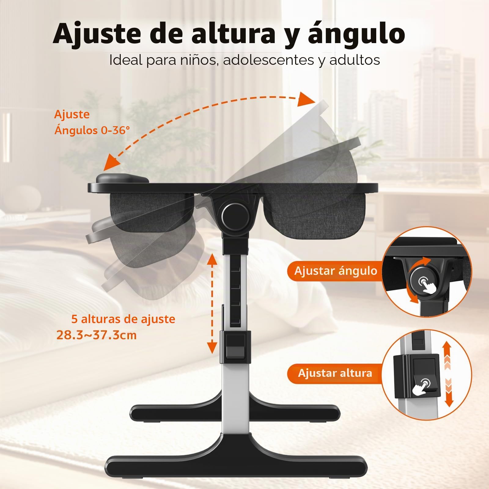 PUTORSEN Mesa para ordenador portátil - Altura y ángulo ajustables, cojín 2 en 1, para cama, sofá, suelo, 58 x 37 cm, negro