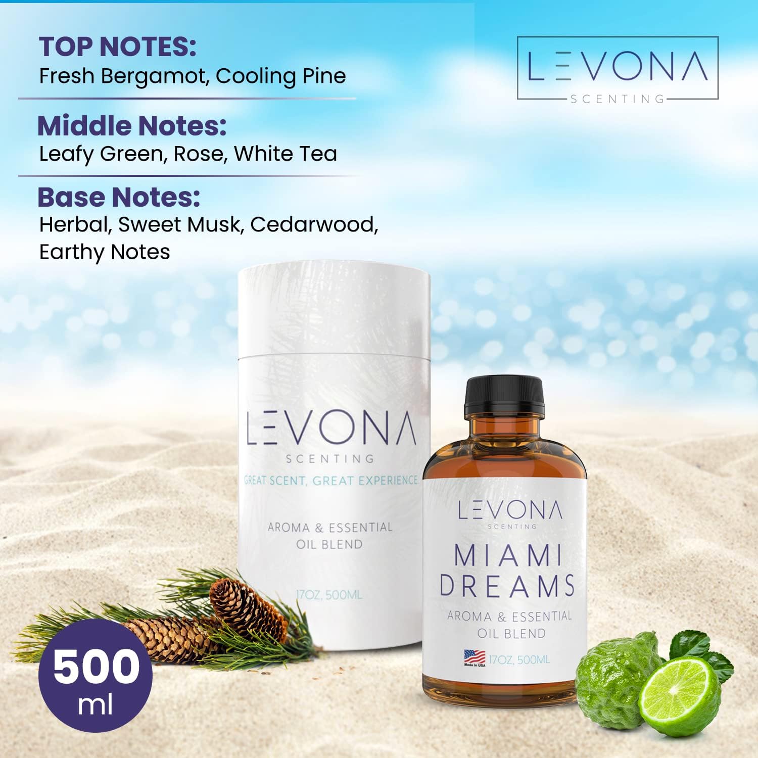 Levona Scent Essential Oils for Diffusers for Home: Miami Dreams Hotel & Home Luxury Scents Fragrance Oil - Aroma Oil with Notes of Bergamot Oil & Pine Essential Oil -500 Ml Scented Oils for Diffuser