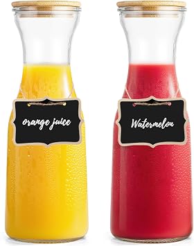 Glass Carafe with Bamboo Lid, 35 Oz Beverage Dispensers Carafe, Mimosa Bar Supplies, Round Clear Glass Pitcher with Name Labels for Iced Tea, Coffee, JuiceSet of 2