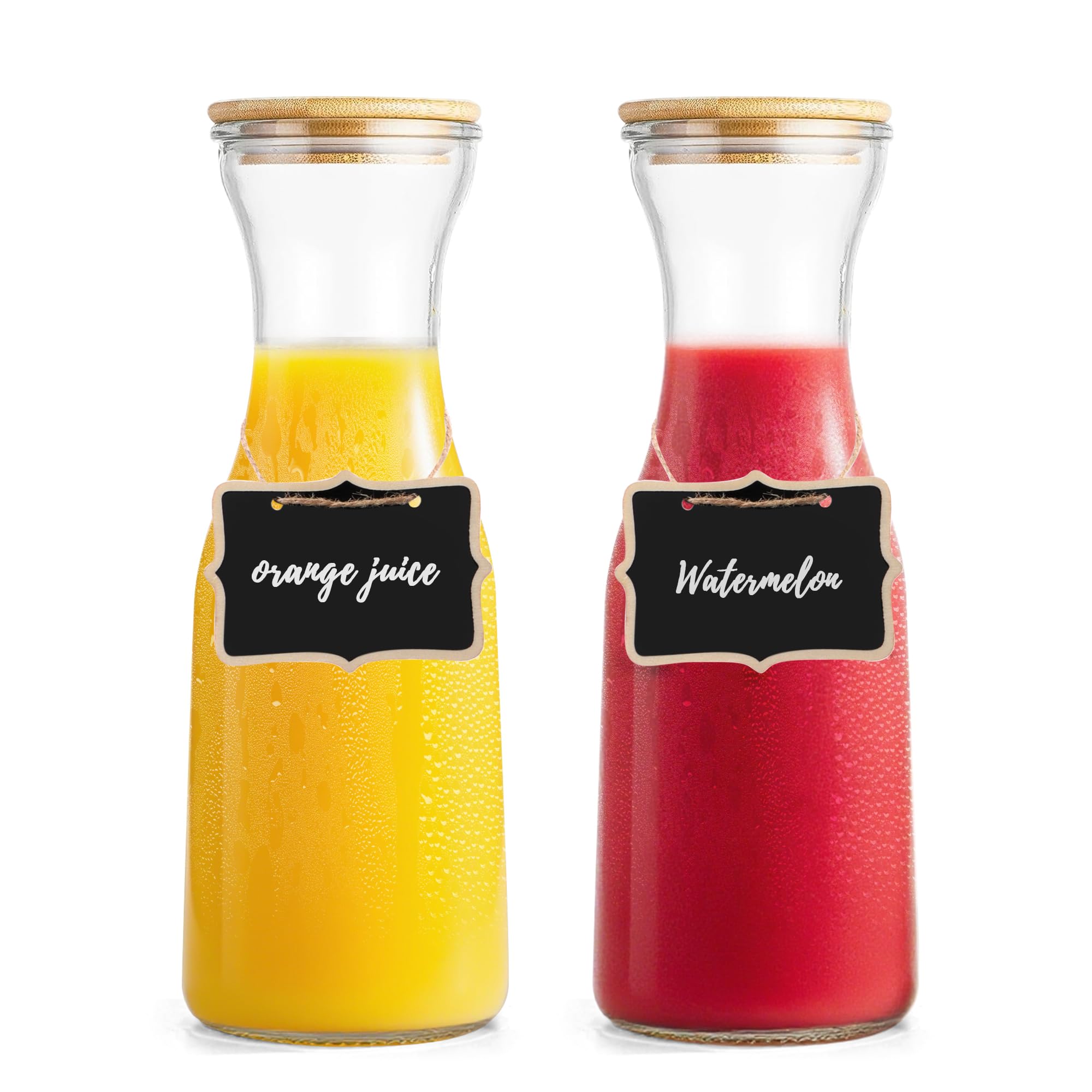 Glass Carafe with Bamboo Lid,35 Oz Beverage Dispensers Carafe,Mimosa Bar Supplies,Clear Glass Pitcher with Name Labels for Iced Tea,Coffee,Juice(Set