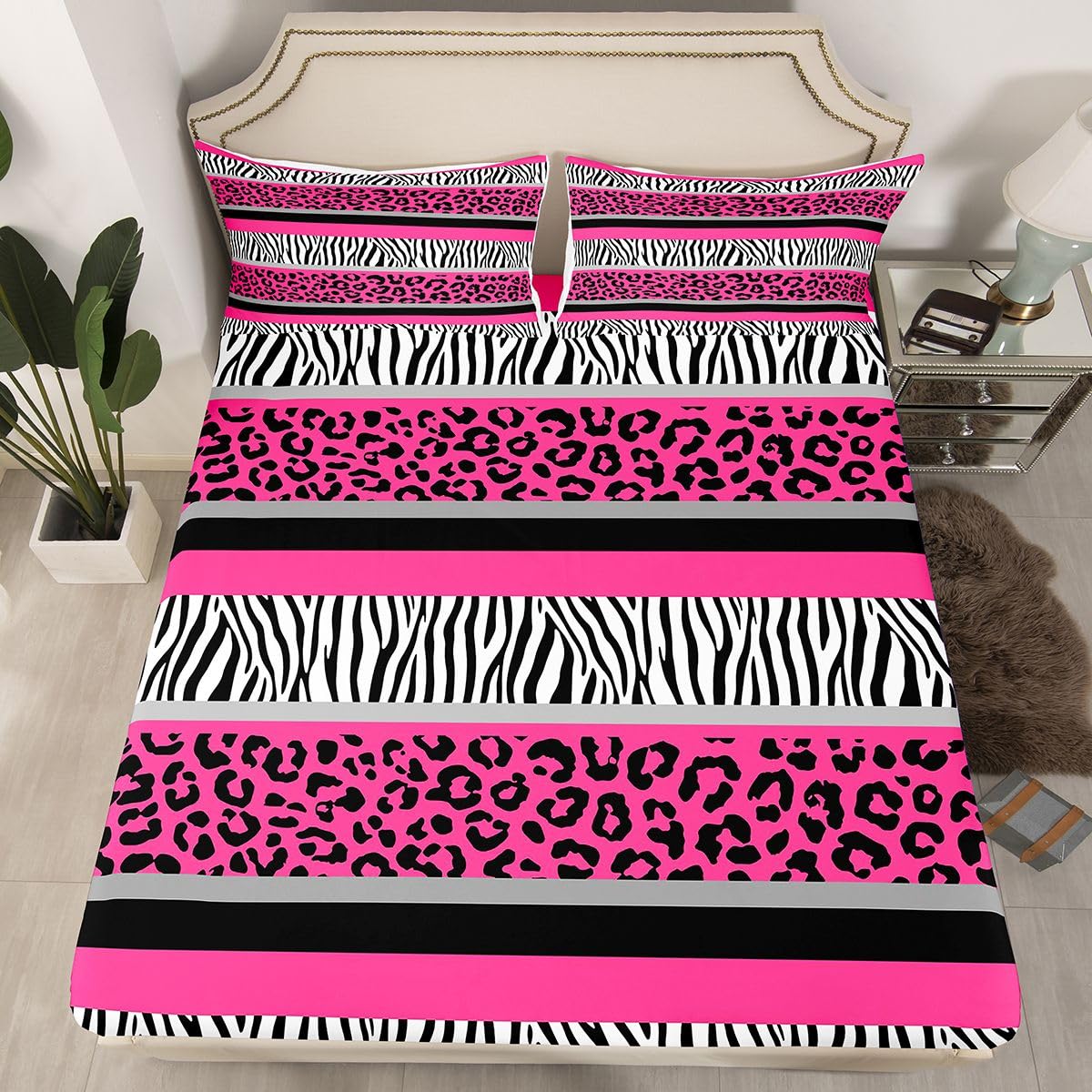Zebra Stripes Sheet Sets Leopard Print Fitted Sheet for Kids Boys Girls Pink Black White Zebra Leopard Fur Bedding Set Ultra Soft Decor Wild Animal