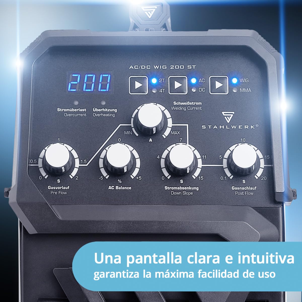 STAHLWERK Soldador combinado 2 en 1 AC/DC TIG 200 ST – Máquina de soldar TIG & MMA (Electrodo/ARC) hasta 200 A, encendido HF, Hotstart, Anti-Stick, modo 2T & 4T, soldadura AC TIG para aluminio, IGBT