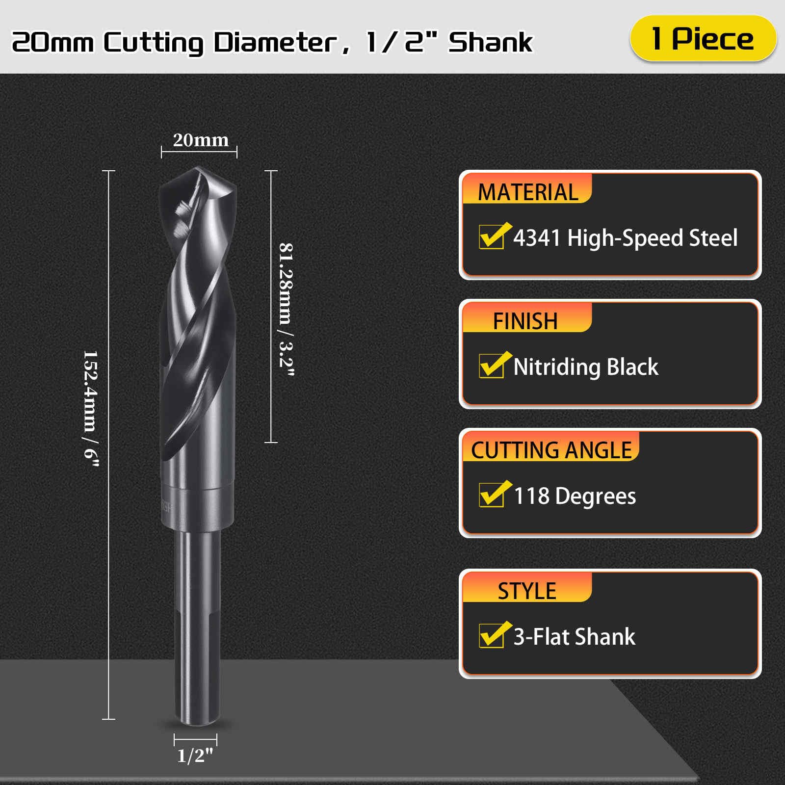 CoCud Drill Bit, 20mm Cutting Diameter, 1/2" Reduced Shank 3-Flat 4341 HSS Nitriding Black 118° Cutting Angle Bits - Image 2