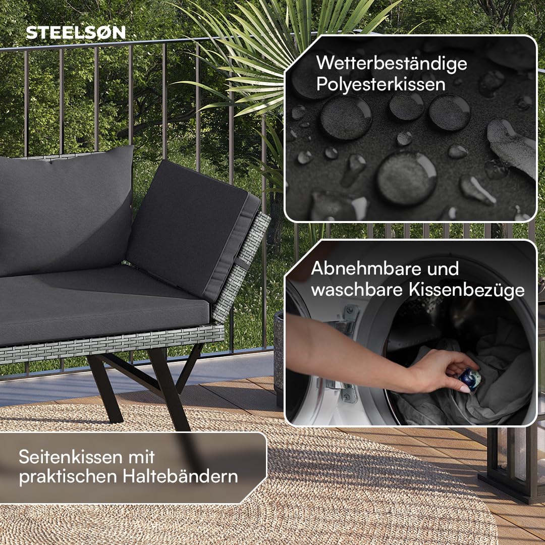 STEELSØN Elytra Gartenbank inkl. Auflagen & Kissen – klappbares Loungesofa grau – Rattan Sonnenliege wetterfest – Terrassen Sitzbank Liegefunktion bis 177 cm – Gartencouch mit verstellbaren Armlehnen