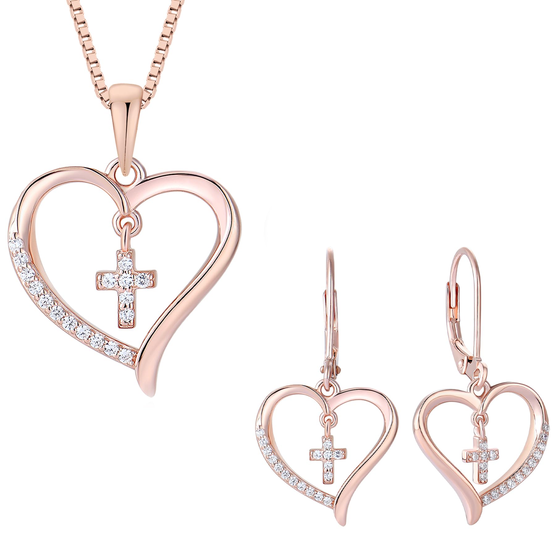 Vesitim 18K Rose Gold Plated Sterling Silver Cross Jewelry Set Cubic Zirconia Birthstone Jewelry