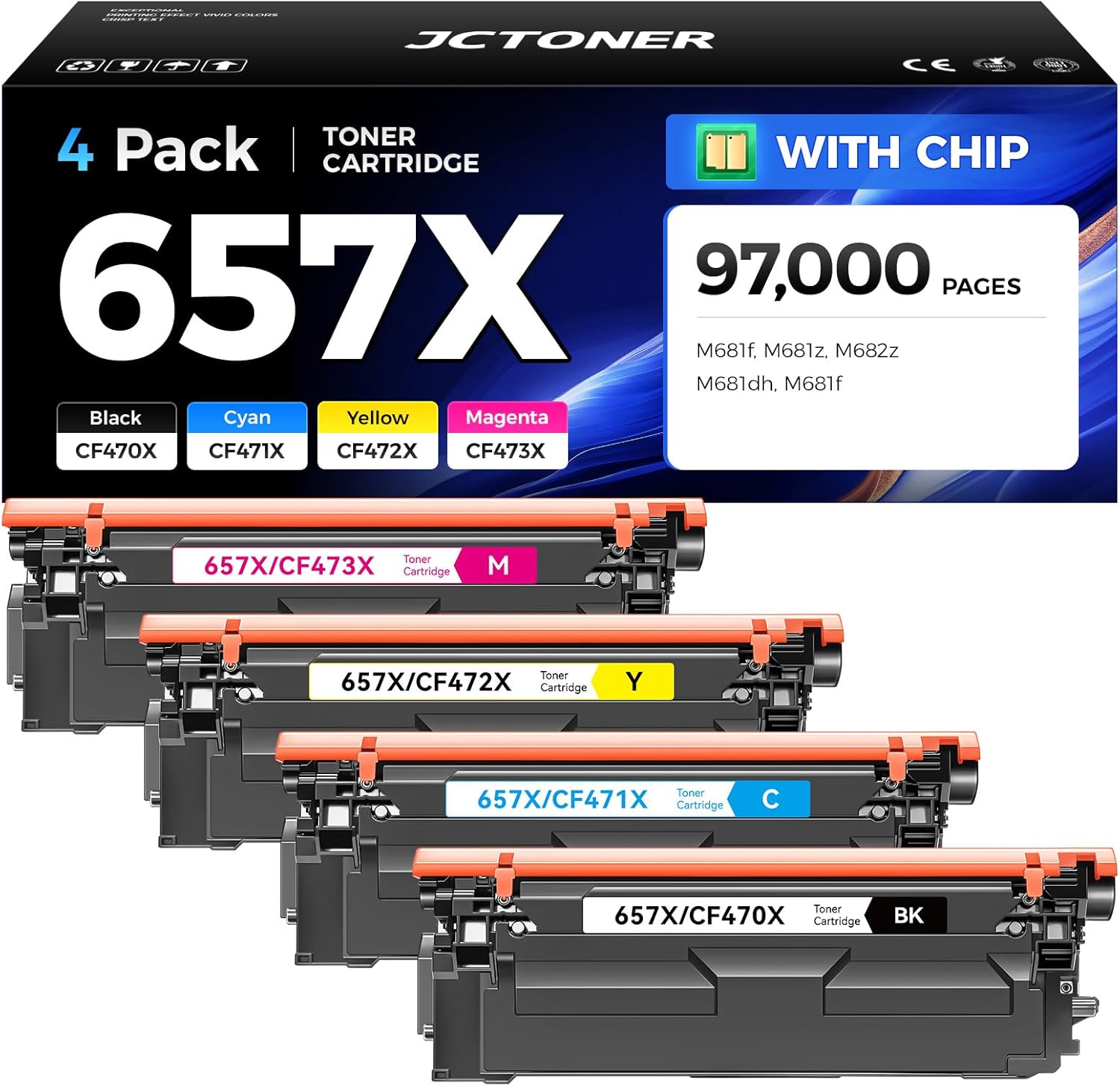 657X Toner Cartridge Set 4-Pack with Chip High Yield Replacement for HP 657X CF471X CF472X CF473X CF470X Compatible with HP Color LaserJet Enterprise Flow MFP M681f M681z M682z M681dh Printer Ink Copy