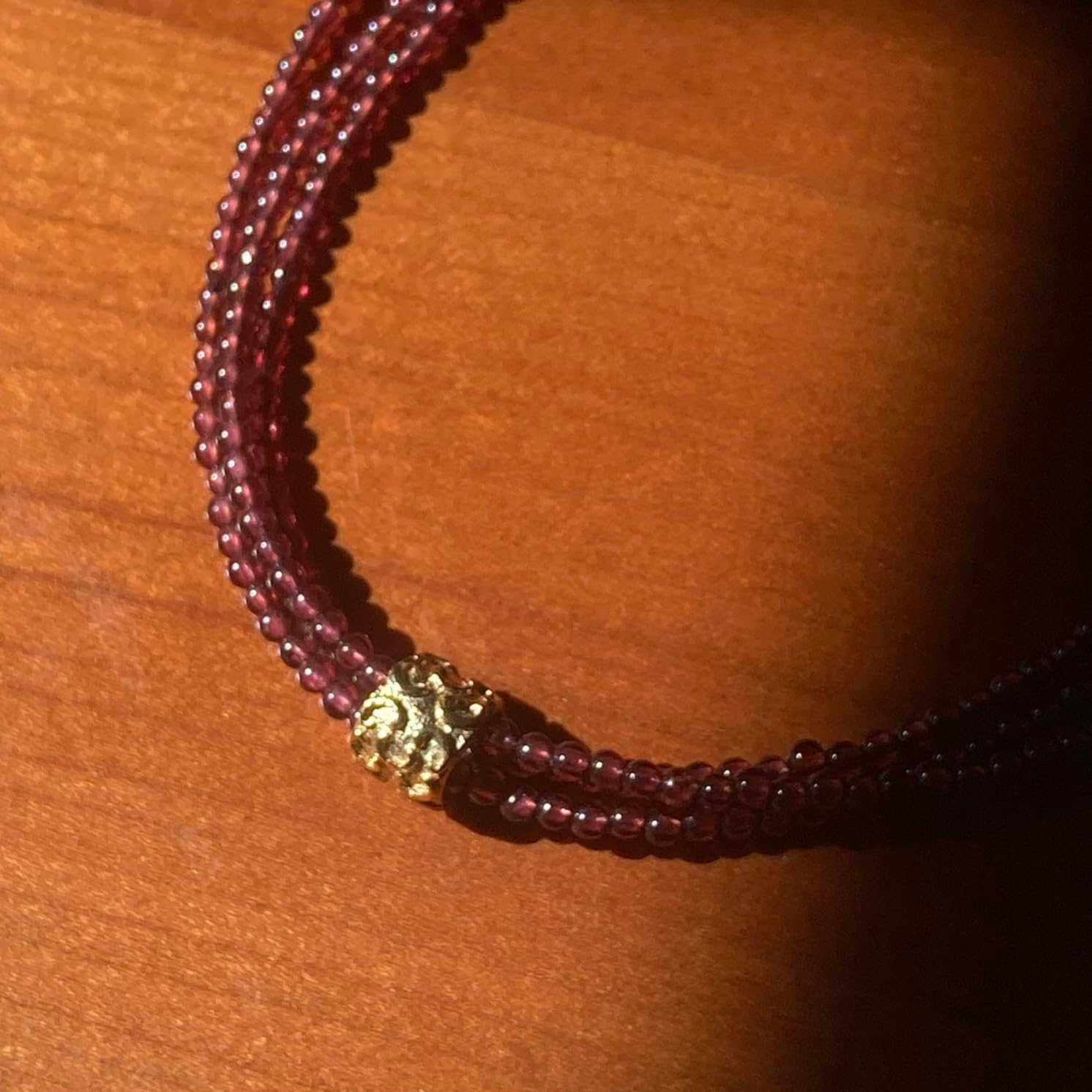 Vintage-Inspired Triple Strand Wine-Red Garnet Long Necklace with Gold Ornate Brass Bead, Exquisite Handcrafted Beaded Gemstone Jewelry for Banquets & Formal Occasions