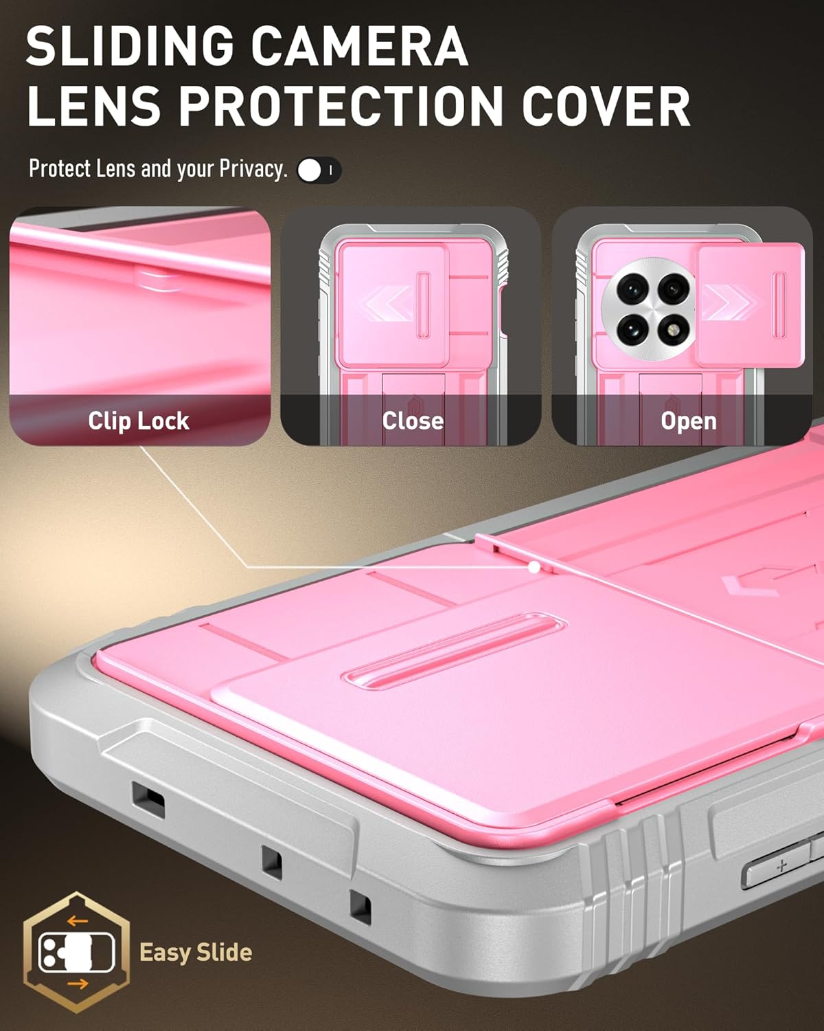 Poetic Revolution Case for OnePlus 13 5G, [Slide Camera Cover], Built-in Screen Protector [Work with Fingerprint ID], [2 Front Frame] Full Body Rugged Shockproof Case with Kickstand, Pink