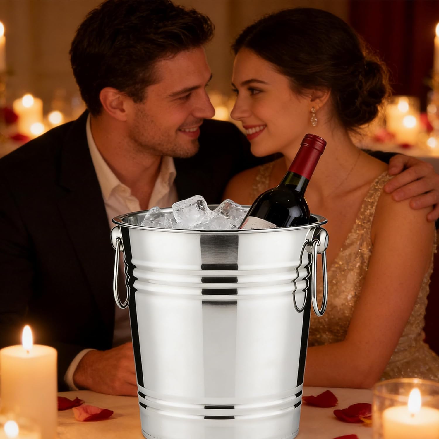 6-Piece Ice Bucket Set with Plastic Scoops | Leak-Proof Large Ice Buckets for Parties, Bars, Outdoor Events | Chilling Containers for Wine, Champagne, Beer (Stainless Steel, Bright Silver)