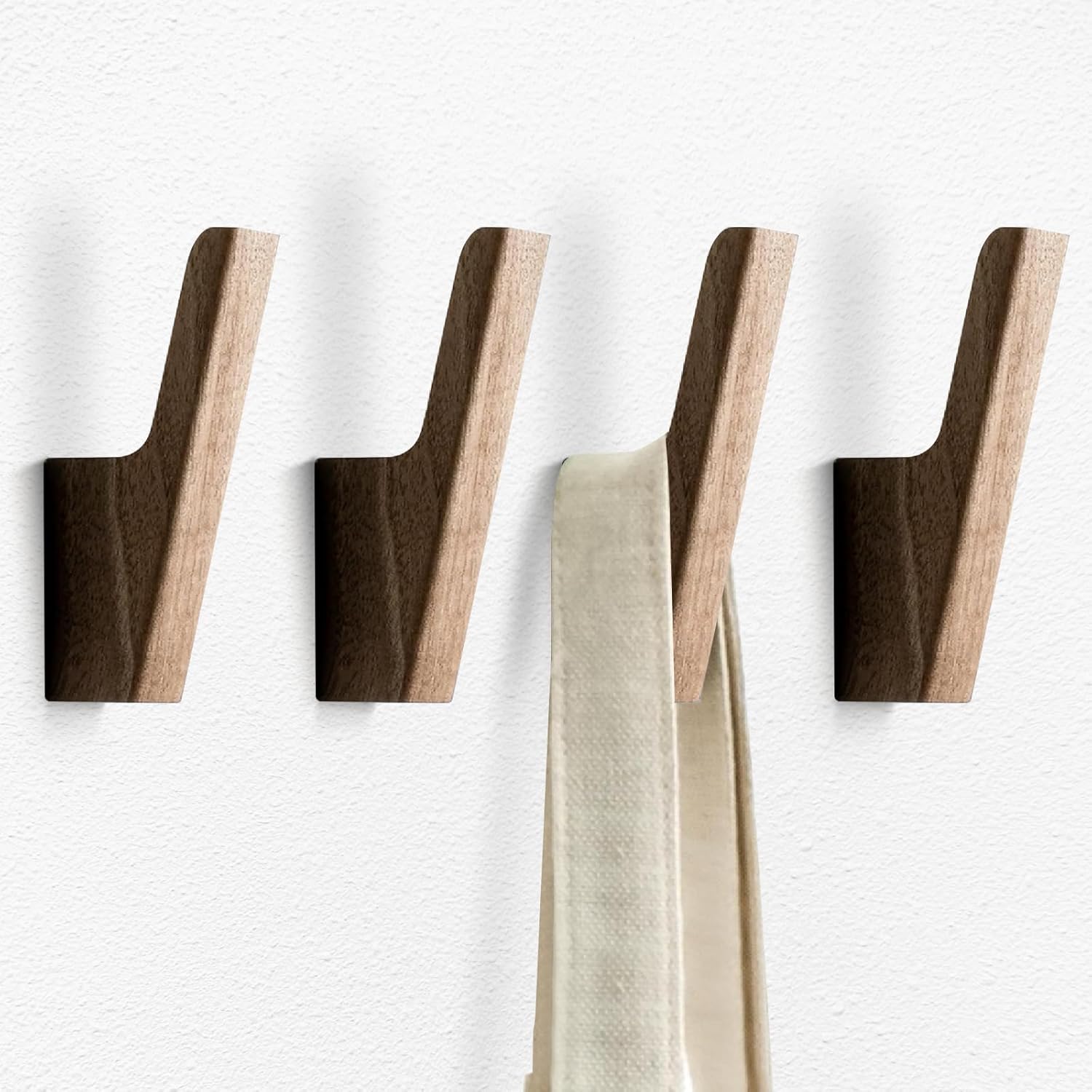 4-Pack Solid Walnut Wall Hooks, Coat & Entryway Hooks for Bathroom/Kitchen, Wall-Mounted with Screws, Anchors & Template, Holds Coats, Backpacks, Towels, Aprons (22 lb Each)