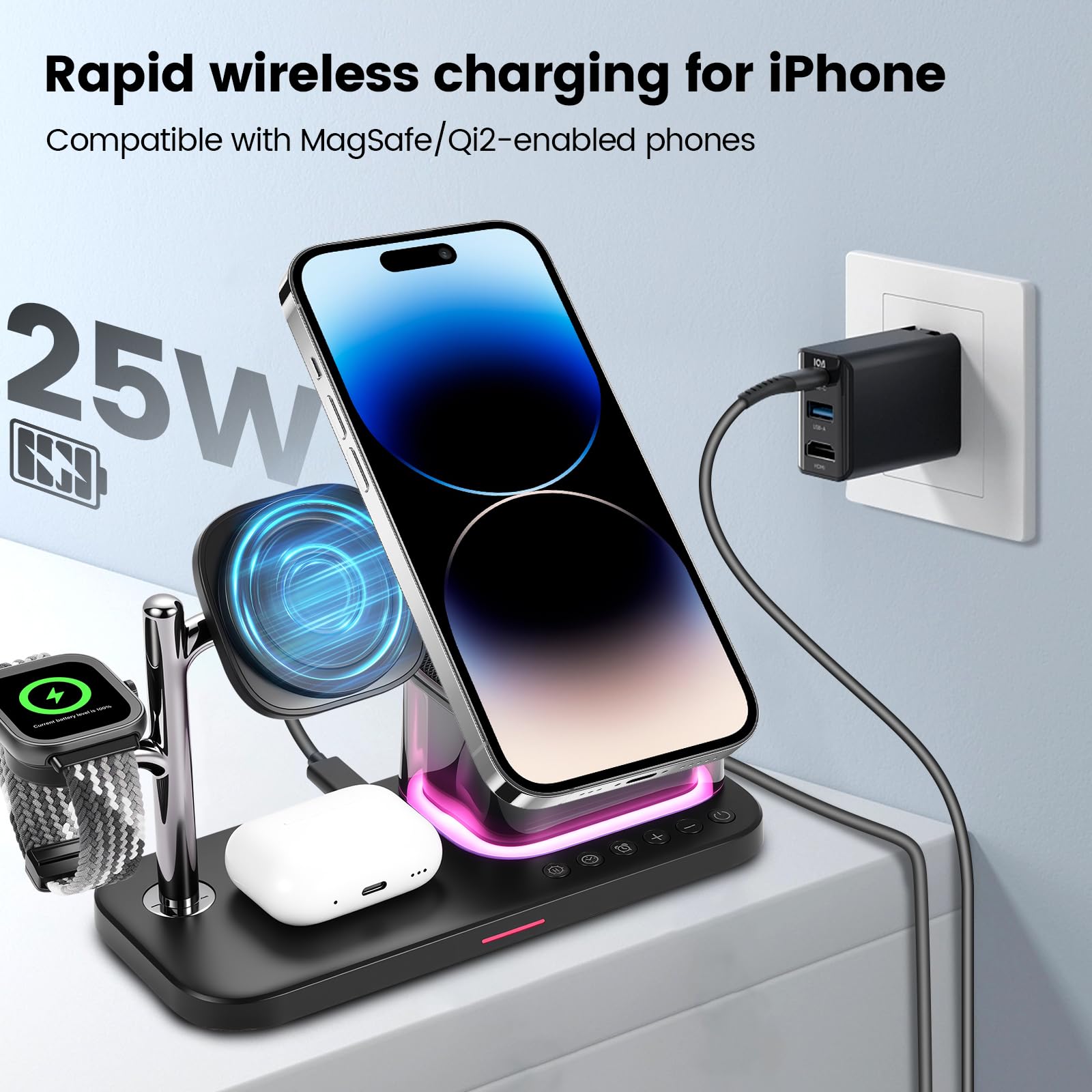 Caricabatterie wireless 5 in 1 Qi compatibile con caricabatterie MagSafe con pad di ricarica induttivo, adatto per Apple iPhone 17, Air, 16, Pixel Snap e Apple Watch.