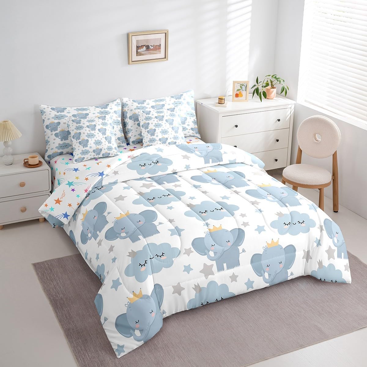 Feelyou Cute Baby Elephant 7 Piece Bedding Set Queen Size Kawaii Cloud Star Pattern Comforter Set with Sheets for Kids Boys Girls Teens Blue Grey Bed in a Bag Lovely Print Bed Set