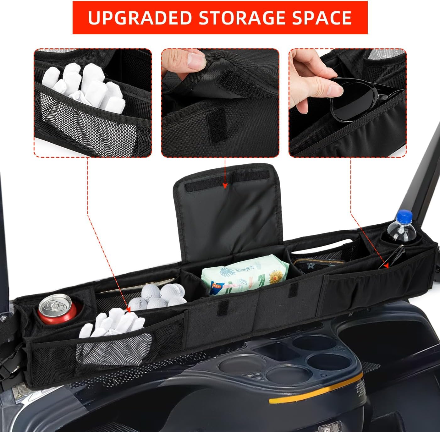 ROYALFAIR Golf Cart Front Storage Basket, with Insulated Cup Holders Golf Cart Storage,No Drilling Dashboard Tray Organizer,Compatible with Ezgo Drive Club Car Kandi Golf Cart