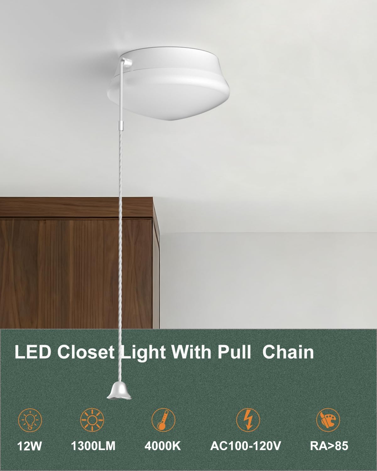 Flush Mount Ceiling Light with Pull Chain Surface Mount LED Light Fixture for Closet, 7 inch 12W 1300lm 125W Equivalent Pull String Light Fixture Ceiling Mount for Laundry, Bedroom, Hallway-4Pack
