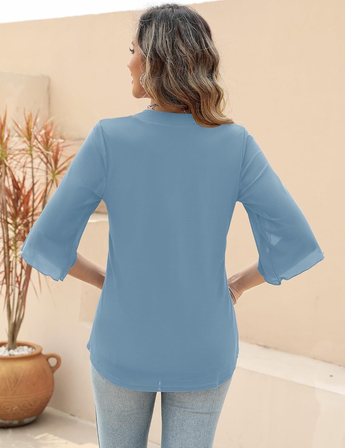 LUYAA Women's 3/4 Sleeve Blouses Tops V Neck Casual Dressy Double Layers Mesh Loose Fit Tunic Shirts - Image 4
