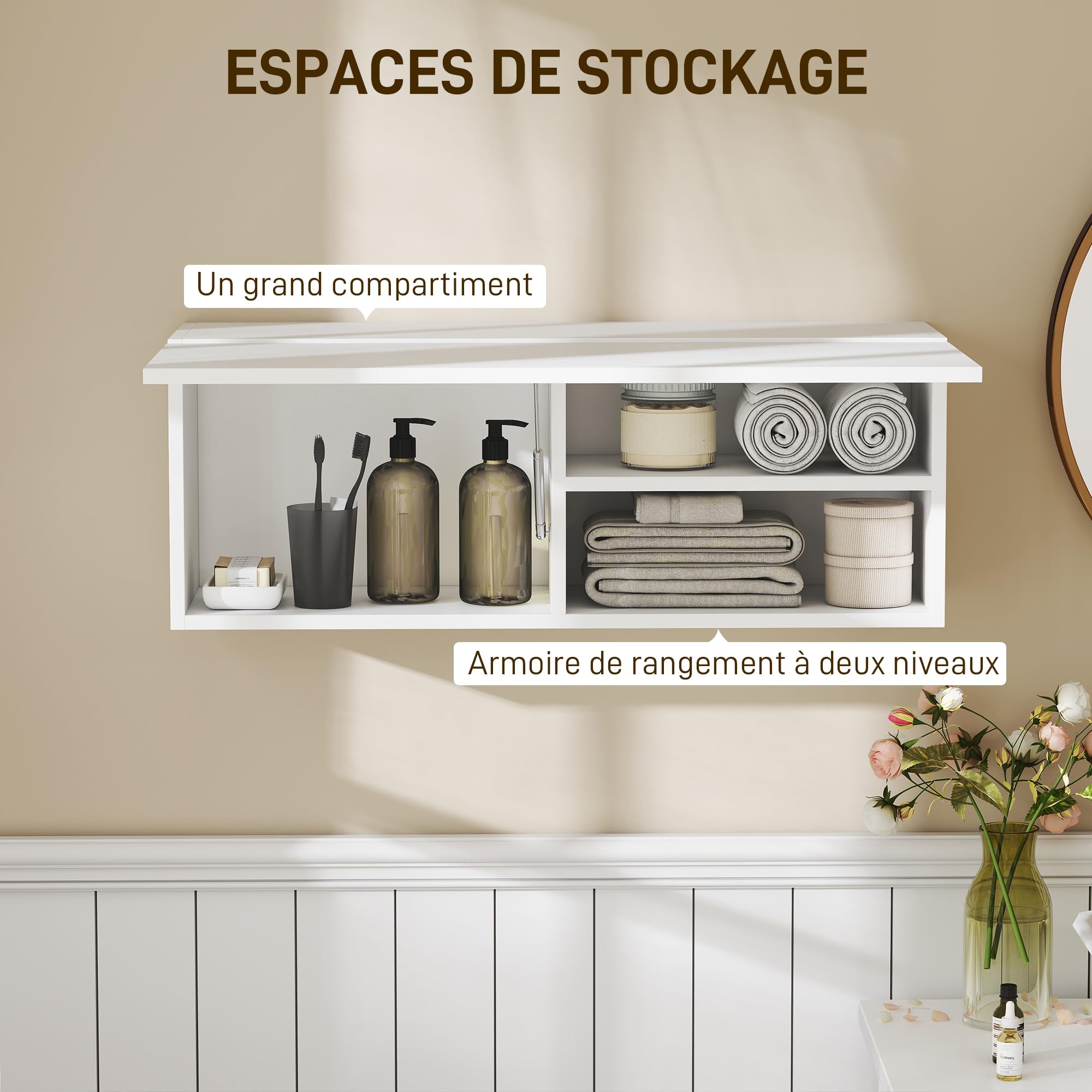 HOMCOM Armoire Murale de Salle de Bain, Meuble de Rangement Suspendu pour Salle de Bains avec Porte battante à charnières et Trois Compartiments, Meuble WC Suspendu, 80 x 25 x 30 cm, Blanc