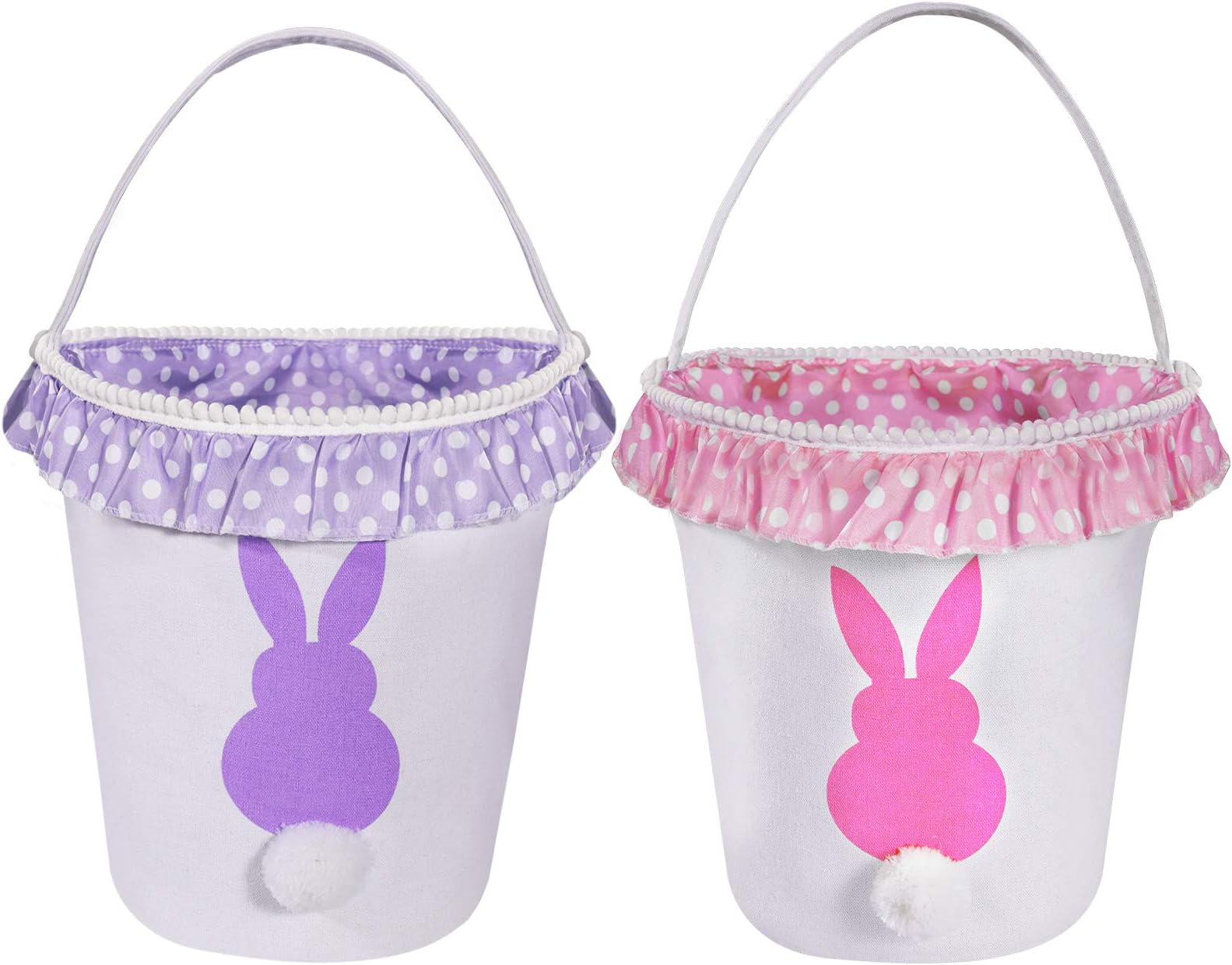 Easter Bunny Basket Eggs Bags with Fluffy Tail Pink Purple Canvas Cotton Rabbit Personalized Handbag Toys Bucket Tote Bag Storage Gifts Candies for Kids Girls with Handles (Pink + Purple)