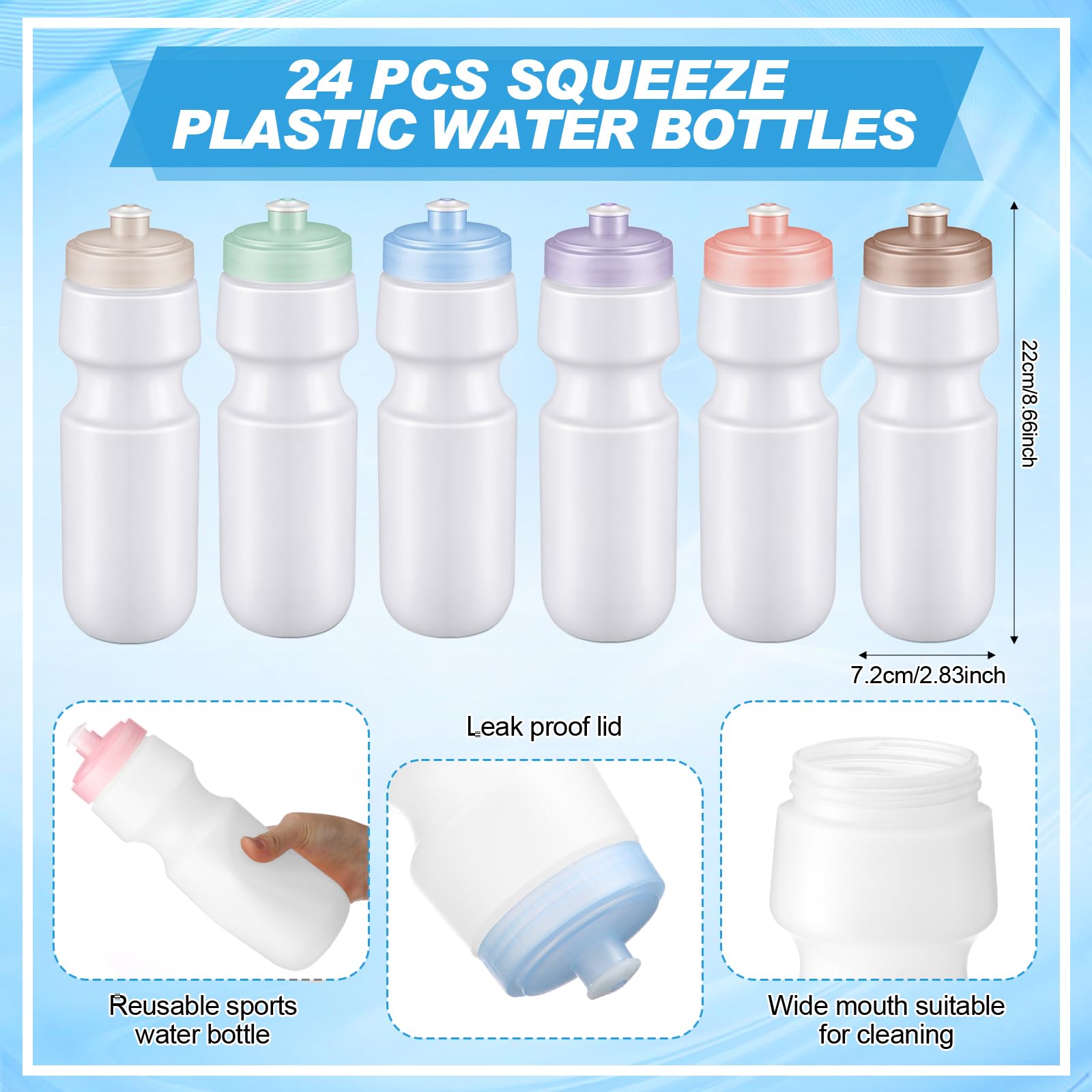 Nitial 24 Stück Sport-Wasserflaschen, Großpackung, 625 ml, wiederverwendbare Sport-Wasserflaschen, blanko, Kunststoff-Wasserflaschen mit Zugverschluss, für Erwachsene, Sport, Fitness, Fahrrad