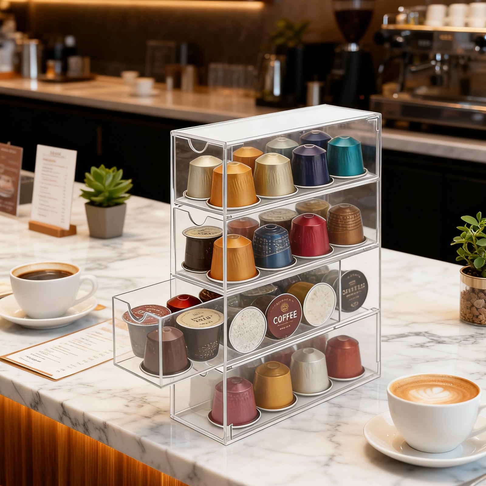 Cajón de almacenamiento para cápsulas de café, soporte transparente para cápsulas de café, 24,7 x 17,6 x 6,6 cm, cesta de cápsulas de café de acrílico con 4 particiones, para Nespresso, Dolce Gusto - 2