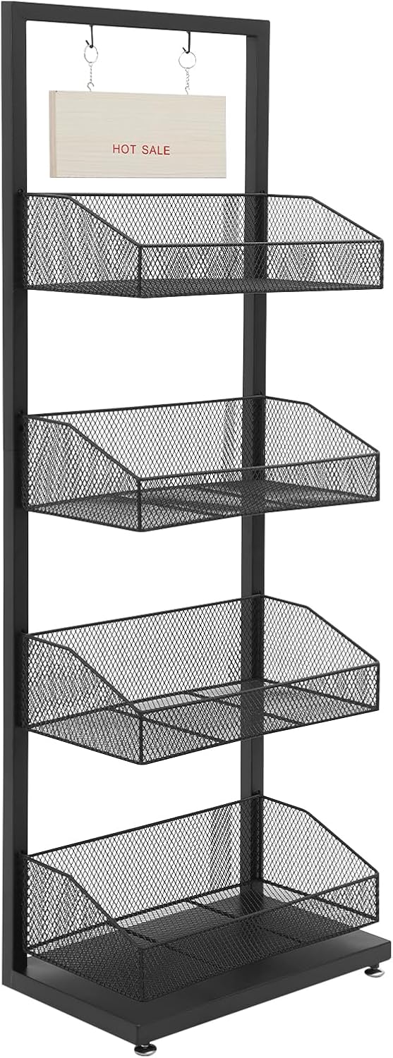 Snack Display Shelf, 4-Tier Retail Storage Rack with Signboard, Candy Organizer Fruit Storage Basket Shelf for Convenience Stores, Supermarkets, Stationery Stores,17.72×10.83×52.76In (Black)