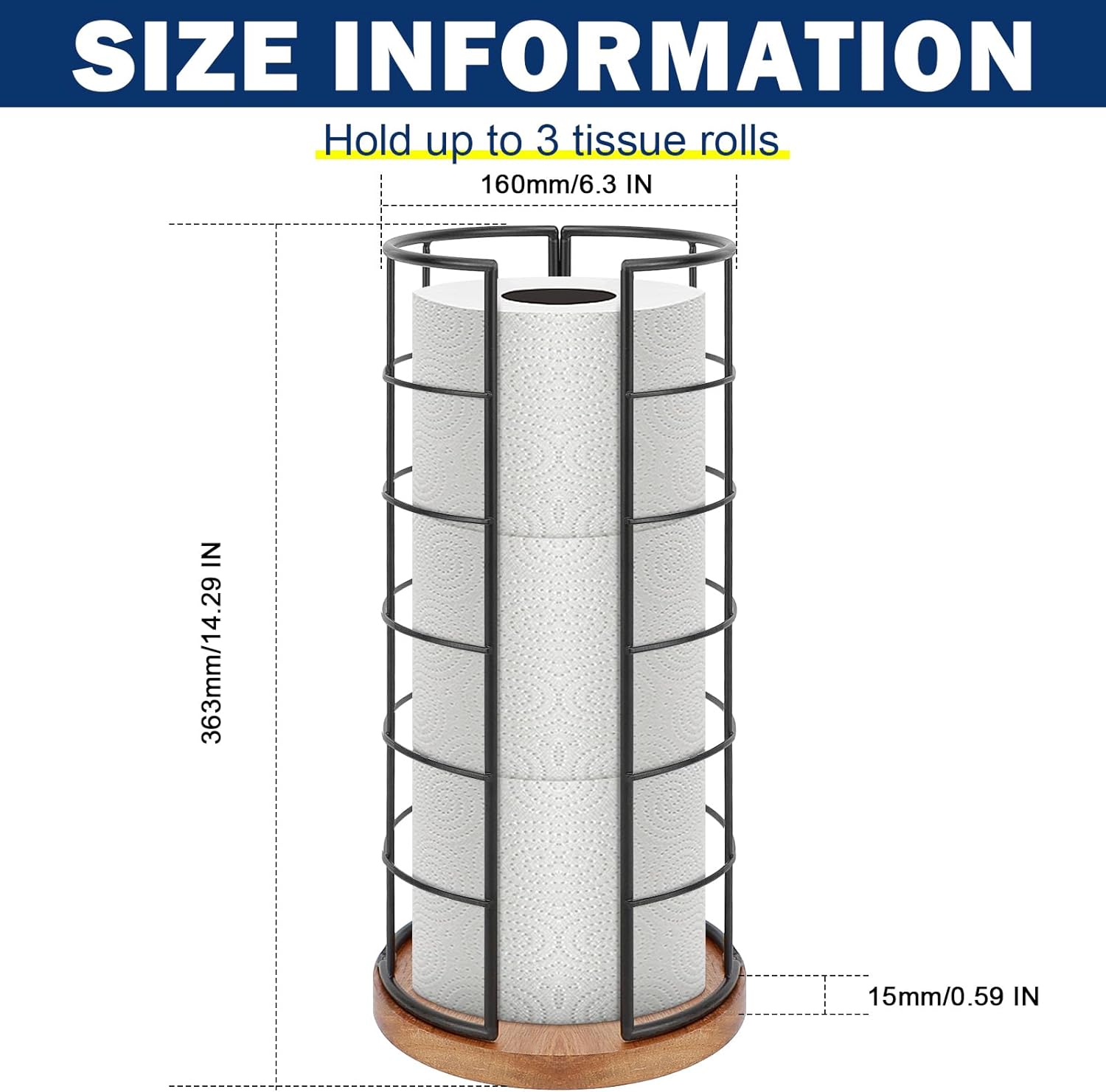 NearMoon Toilet Paper Organizer Stand, Freestanding 3 Rolls Tissue Storage, Metal Bathroom Accessory, Rustproof Toilet Roll Holder for Kitchen Countertop Inside Cabinet Shelf(Wooden Base, Matte Black)