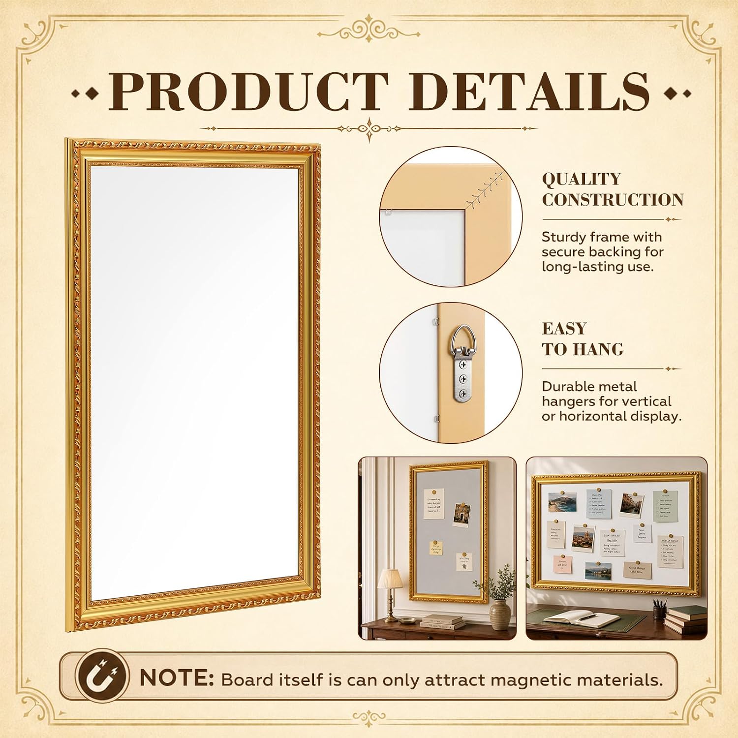 Sintuff 32" x 22" Large Magnetic Board for Wall, Vintage Gold Frame Magnet Display Board for Wall Decorative, Baroque Style Magnet Bulletin Dry Erase Memo for Home Decor