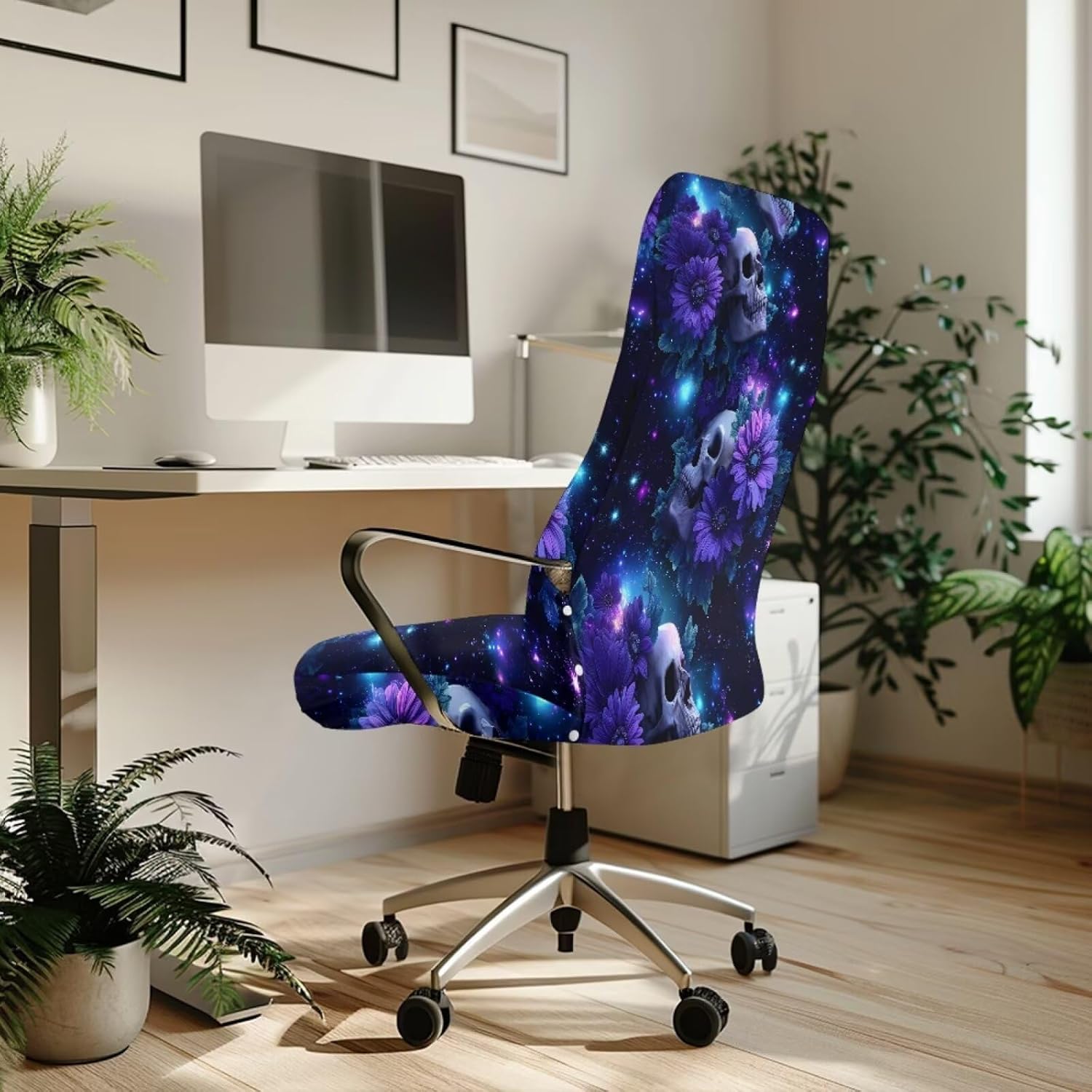 Skull Flower Print Desk Computer Chair Slipcover Skin Friendly Breathable Boss Rotating Office Chair Cover Soft Fit Universal Desk Rotating Slipcovers, S Size