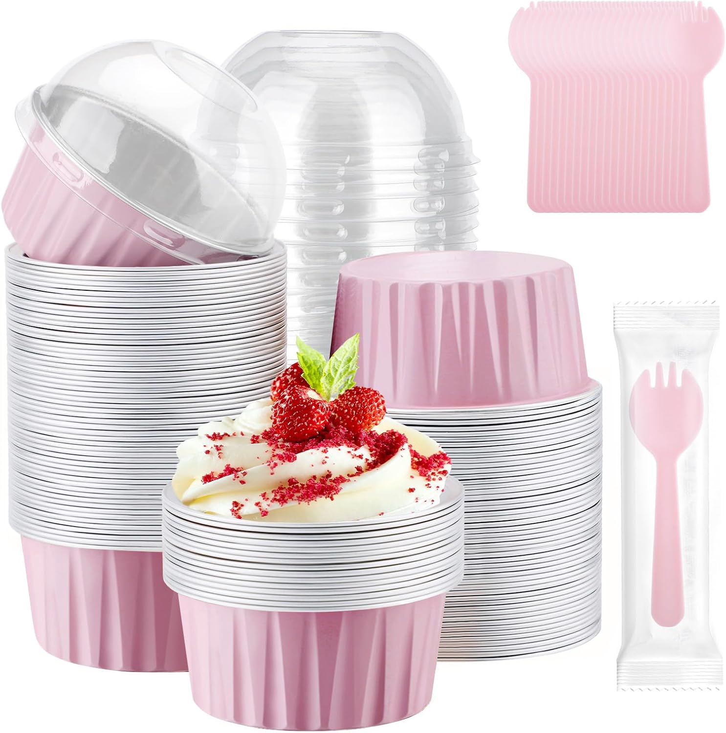 EUSOAR Disposable Ramekins with Sporks Individually Wrapped, 60pcs 5oz Mini Cake Pans with Lids and Plastic Sporks, Foil Creme Brulee Cupcake Ramekins Muffin Liners Baking Cups for Wedding Party Favor