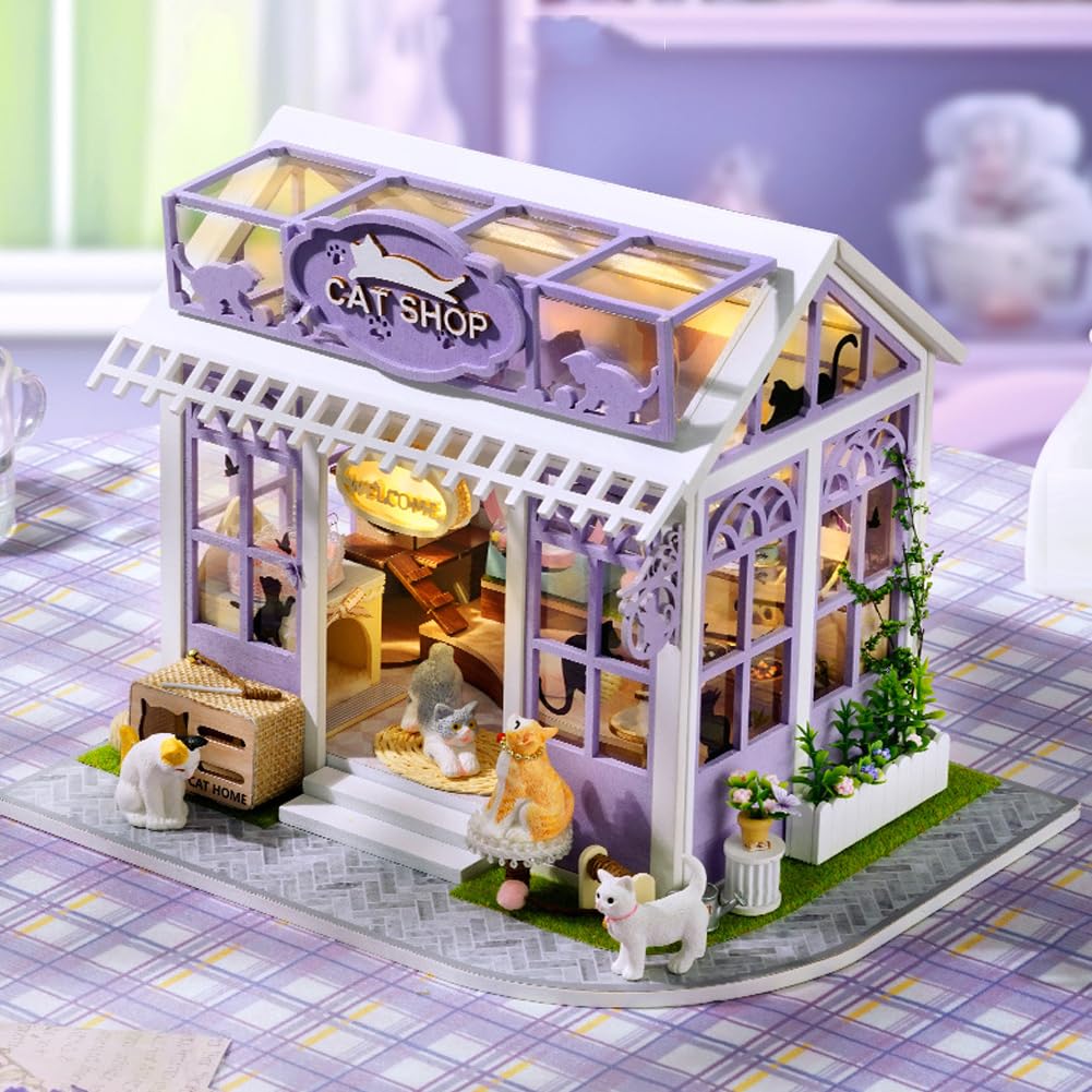 Kit fai da te in miniatura per casa delle bambole con luci a LED, negozio di gatti fai da te, in legno, per adulti, per costruire la casa delle bambole, decorazione per la casa, regalo di compleanno