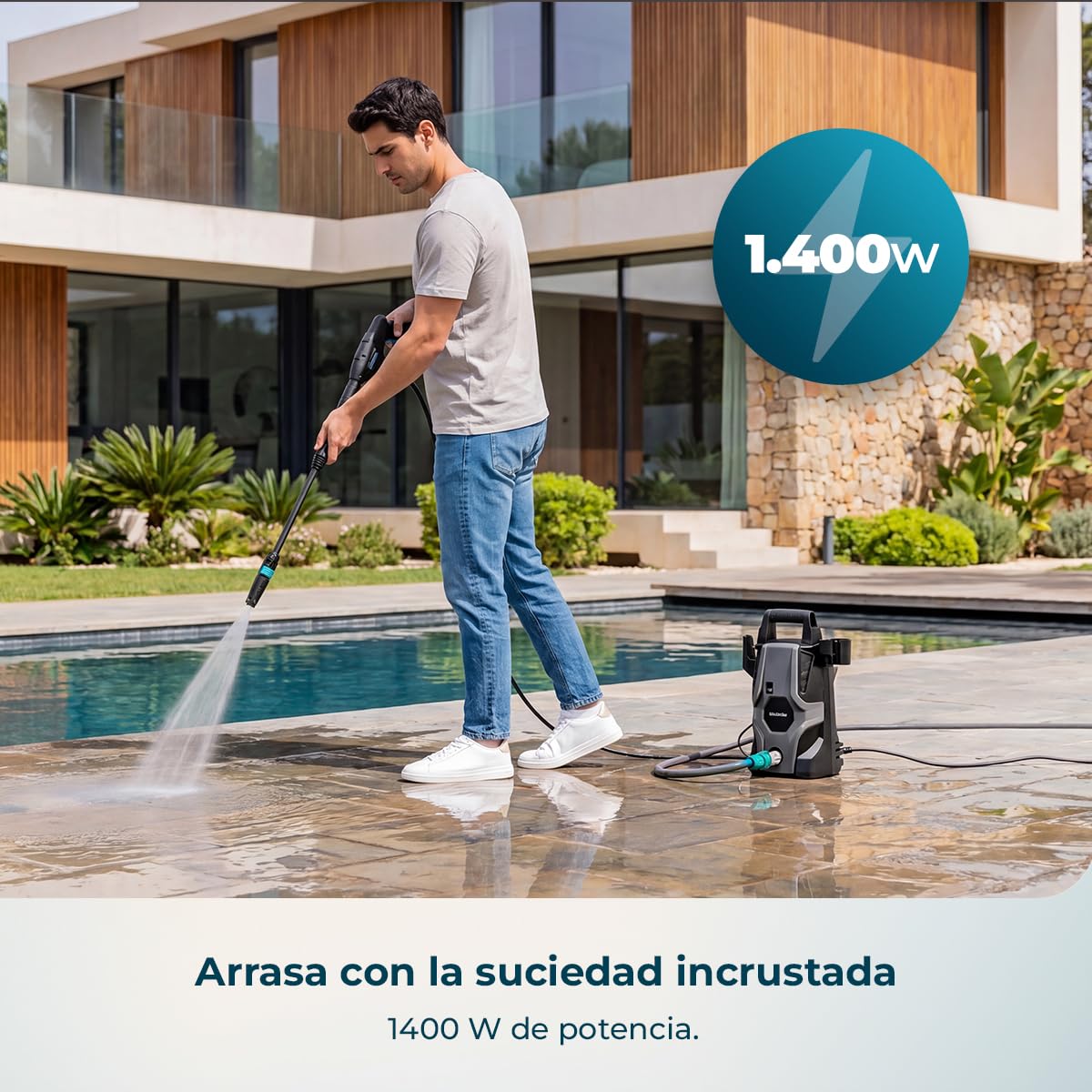Cecotec Hidrolimpiadora de Alta Presión HydroBoost 1400 Essential Plus. 1400W, Presión 105 Bares, Hogar, Jardín o Coche, Caudal de 426 l/h, Bomba de Aluminio, Radio de Acción 9 Metros