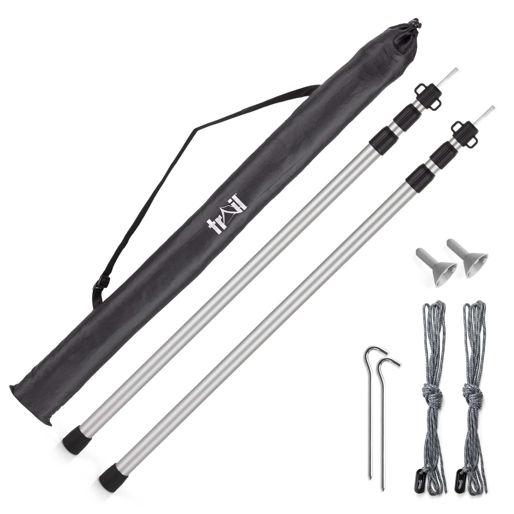 Trail Telescopic Tent Tarp Poles Set – Adjustable Aluminium King Poles (2 Pack) with Pegs, Guy-Lines & Carry Bag, Lightweight Yet Durable Design for Camping Awnings, Canopies & Shelters, 90–230cm
