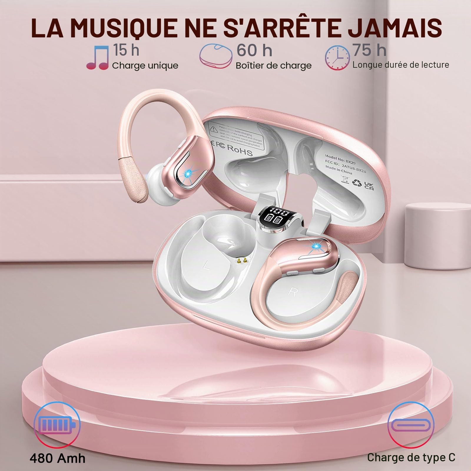Ltinist Ecouteurs Bluetooth sans Fil Sport, 75H Écouteur Bluetooth 5.3 HiFi Stéréo, 2025 Ecouteurs sans Fil avec ENC Antibruit Mic, IP7 Étanche Oreillette Bluetooth