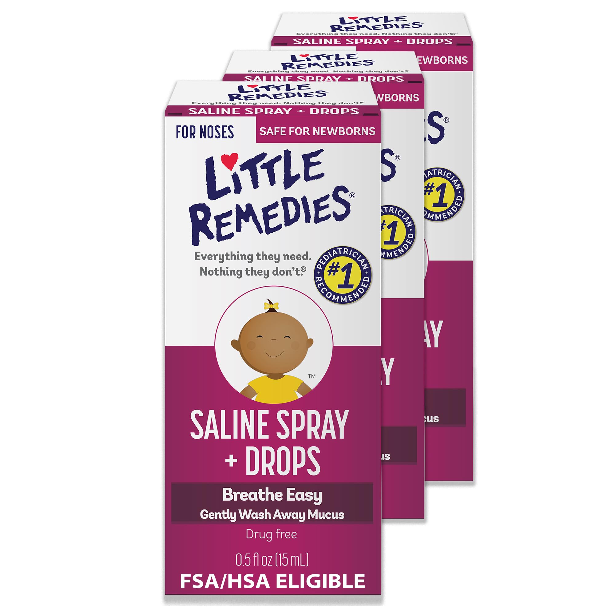 Little Remedies Noses Saline SprayDrops, 0.5 Ounce, 3 Boxes TotalGently Wash Away Mucus for Ages Newborn and up
