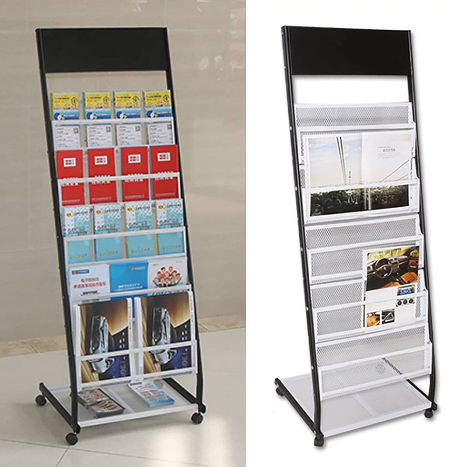 CGCSYZ Tall Brochure Holder Floor Metal Black - Office Mall Magazine Rack Holders with Wheels, Bookshelf Information Racks, File Holder for Libraries