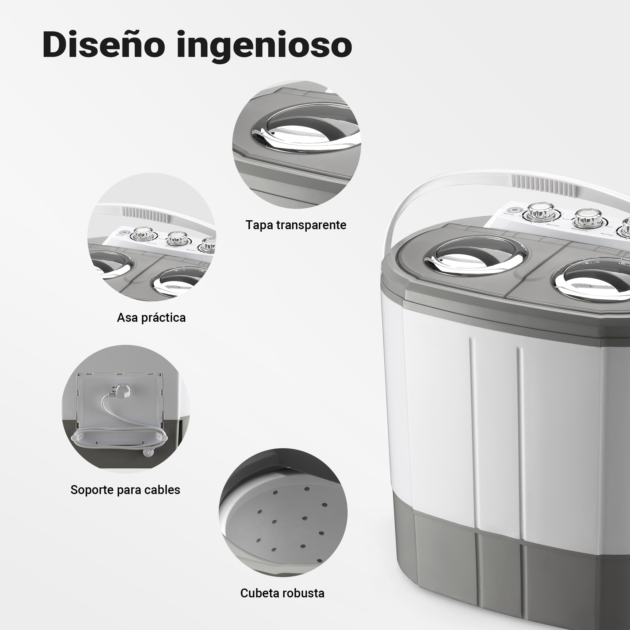 Wiltec Lavadora de camping portátil de doble tina 230 W 3 kg lavado y 2 kg centrifugado con temporizador mini lavadora compacta para camping, pisos pequeños, cubeta doble para lavado y centrifugado