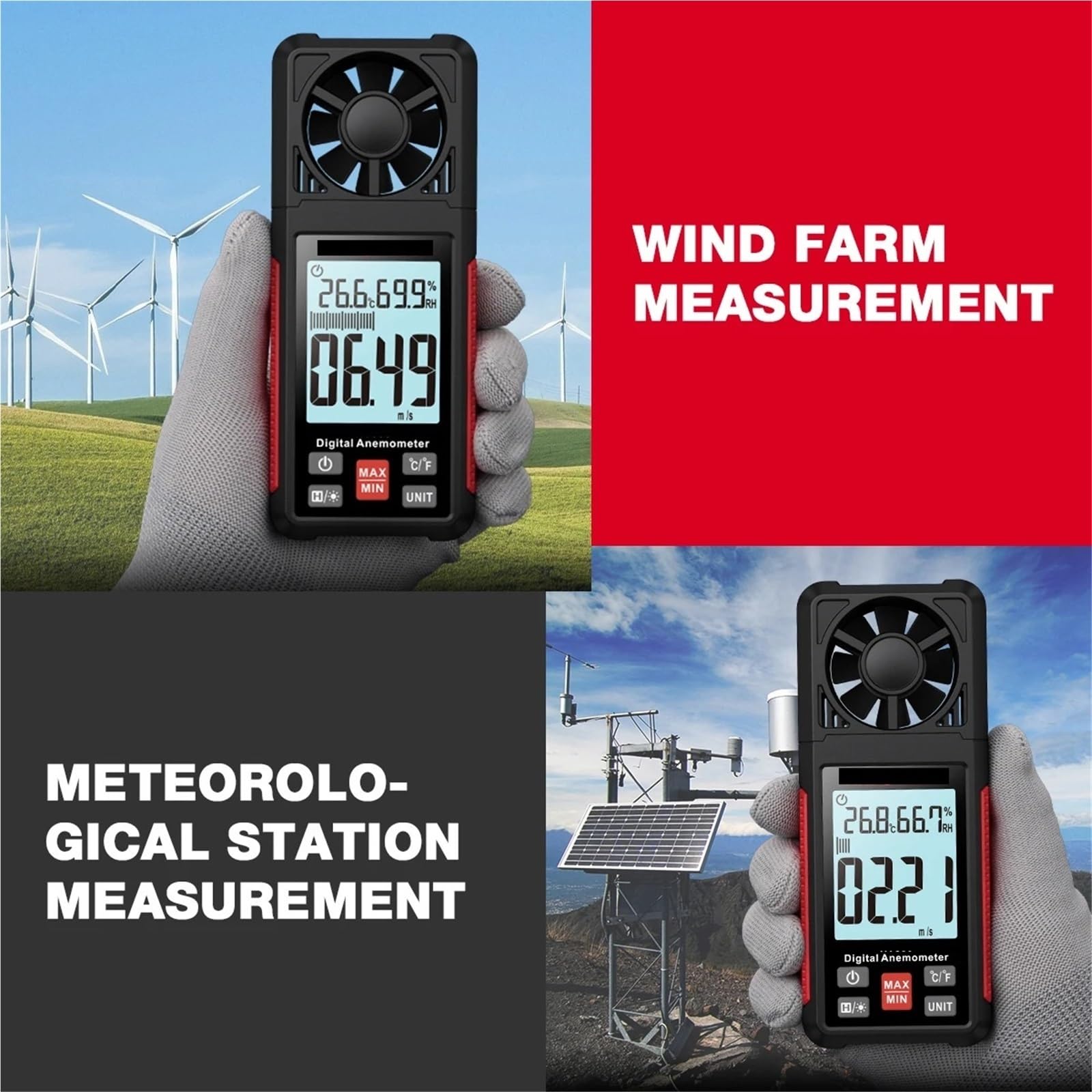 Anemometr cyfrowy, Anemometr, Cyfrowy, Przenośny Miernik Prędkości Wiatru Wiatromierz, Wyświetlacz LCD Z Podświetleniem, Temperatury I Wilgotności