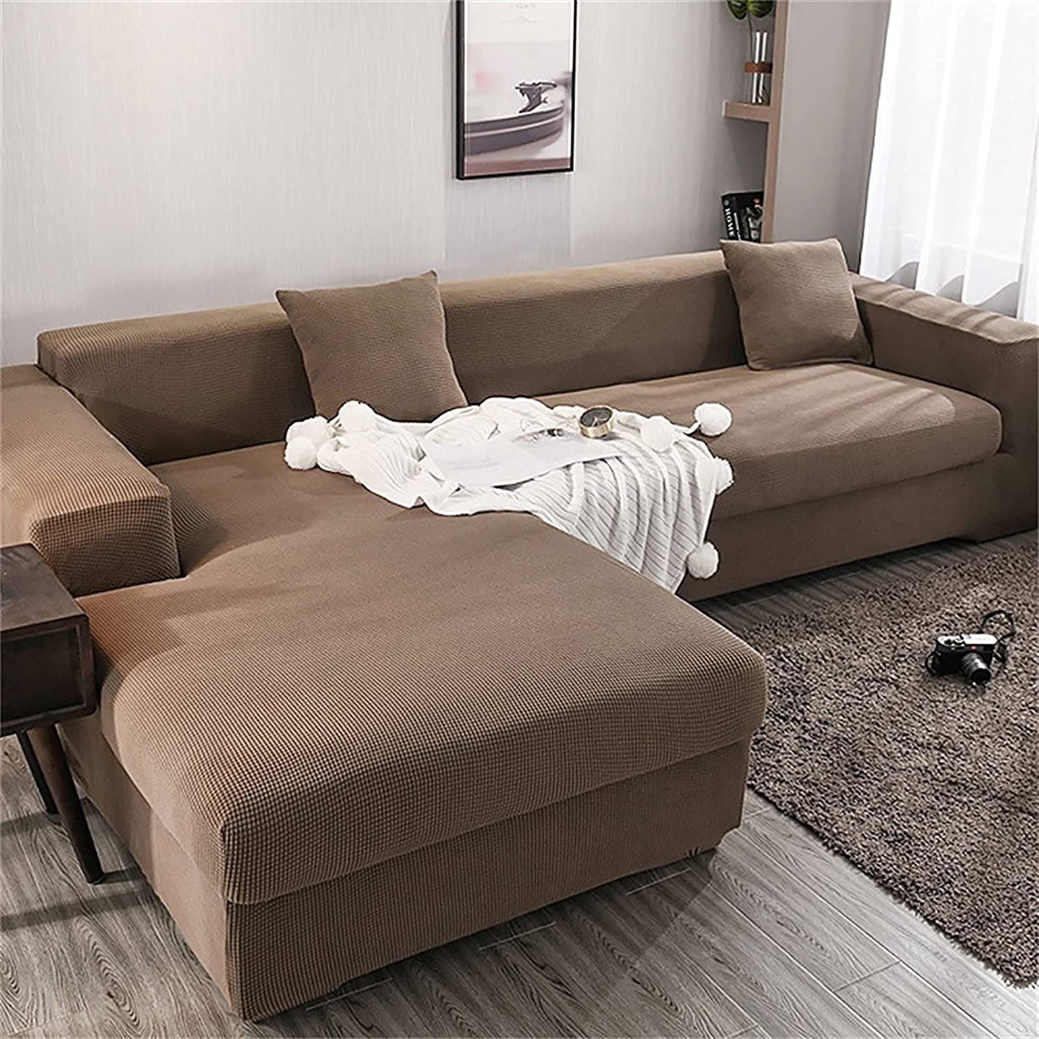 MGEMJMJ Elastic Velvet Sofa Cover,L Shape Couch Cover Furniture Covers Sofa Slipcover Protector Chaise Longue Corner Couch(Size:235-300cm(93-118inch),Color:E)