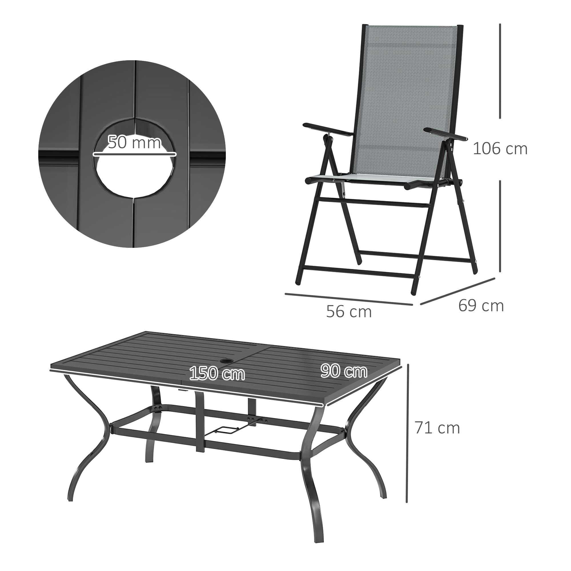 Outsunny Set Tavolo e Sedie da Giardino da 7 Pezzi Rettangolare Grigio | Tavolo da Pranzo con Foro per Ombrellone, 6 Sedie Pieghevoli da Esterno con Schienale Alto, in Acciaio