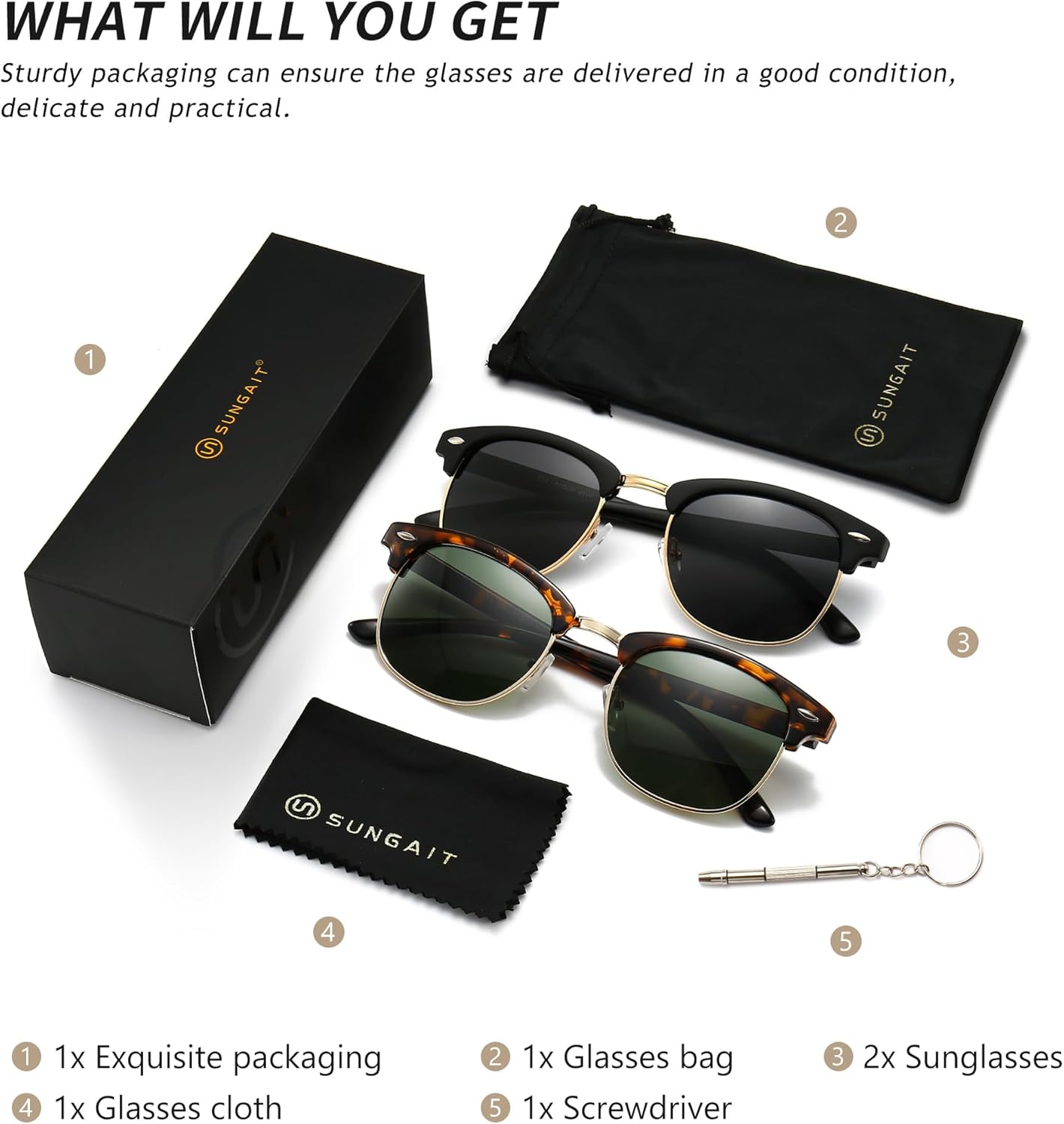 SUNGAIT Polarized Sunglasses for Men and Women, Classic Half-Frame Retro Shades for Driving, Travel, and Outdoor Activities