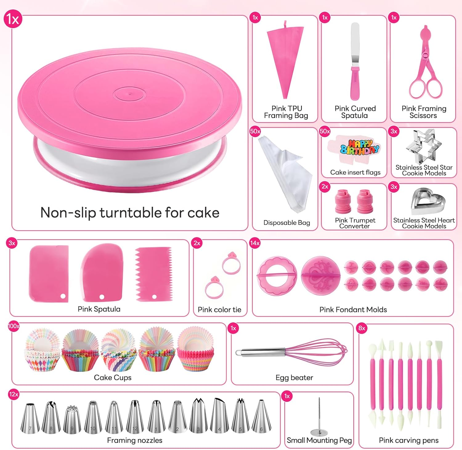 252ピース ケーキ作りのツールセット、ケーキターンテーブルケーキモデリングツール、ラミネートバッグ、絞り袋、絞り袋、アイシングノズ