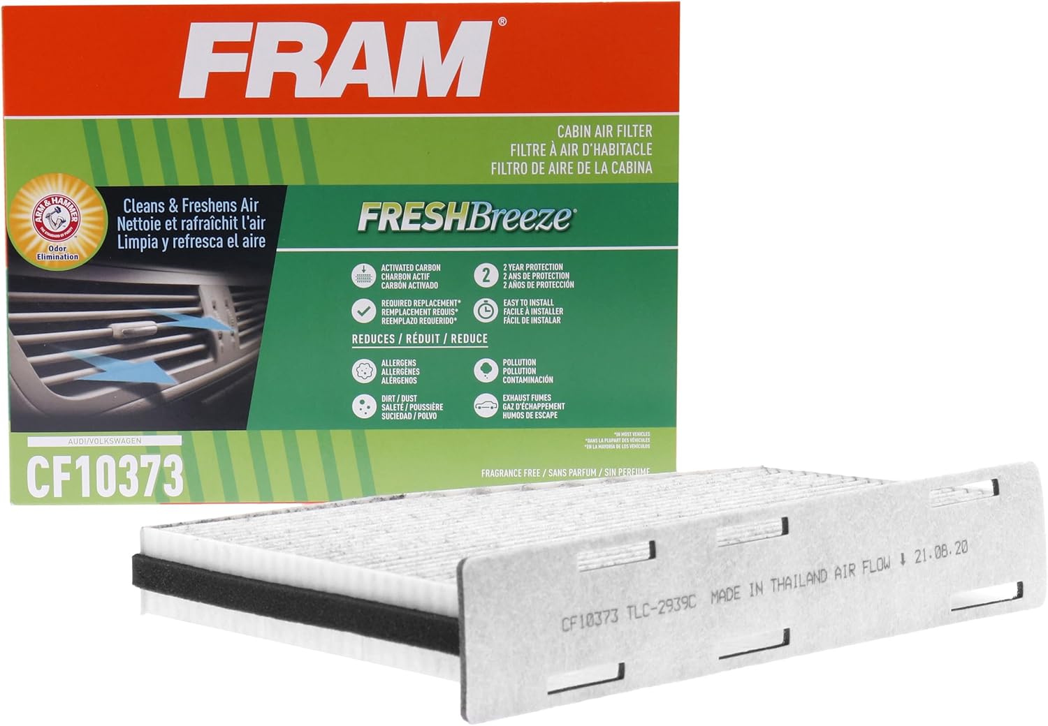 FRAM Fresh Breeze Cabin Air Filter Replacement for Car Passenger Compartment w/Arm and Hammer Baking Soda, Easy Install, CF10373 for Audi/Volkswagen Vehicles