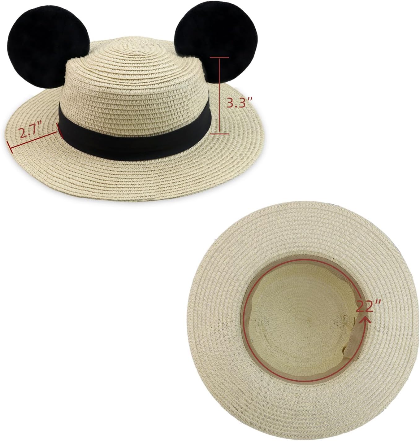 Straw Boater Hat with Mouse Ears for Women, Cute Theme Park Summer Hat for Travel Beach Vacation Outfit