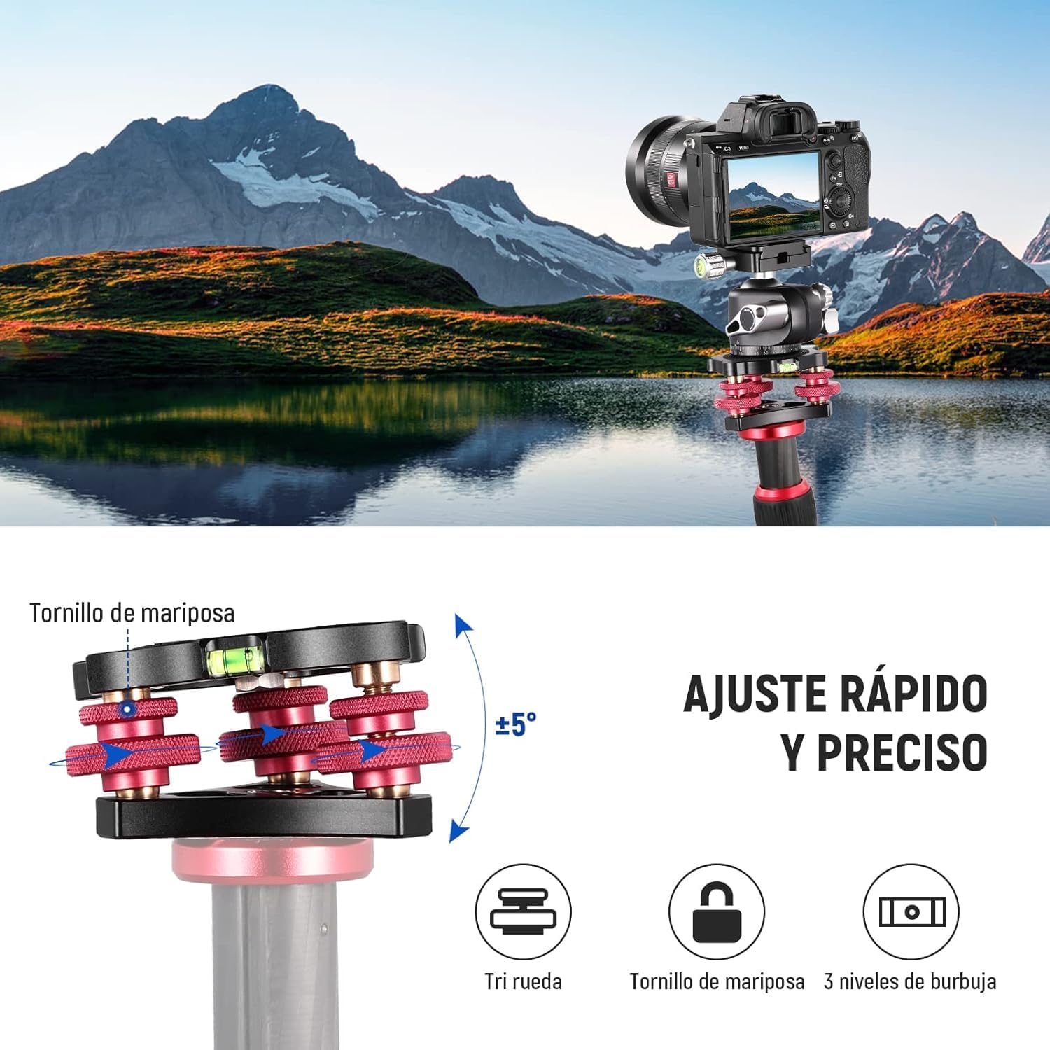 NEEWER Tripod Head Leveling Base Camera Leveler, Aircraft Grade Aluminum Alloy 3 Axis Tri Wheel Head, 3/8” Thread, -5° Precise Angle Adjustment for Macro Panoramic Photography, LP64