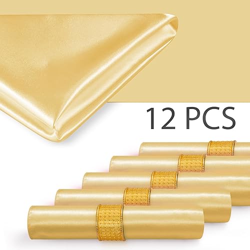 Miniatura 6 de Paquete de 12 servilletas de satén de 17 x 17 pulgadas, servilletas de boda sedosas doradas lavables, juego de servilletas de lujo para mesa de