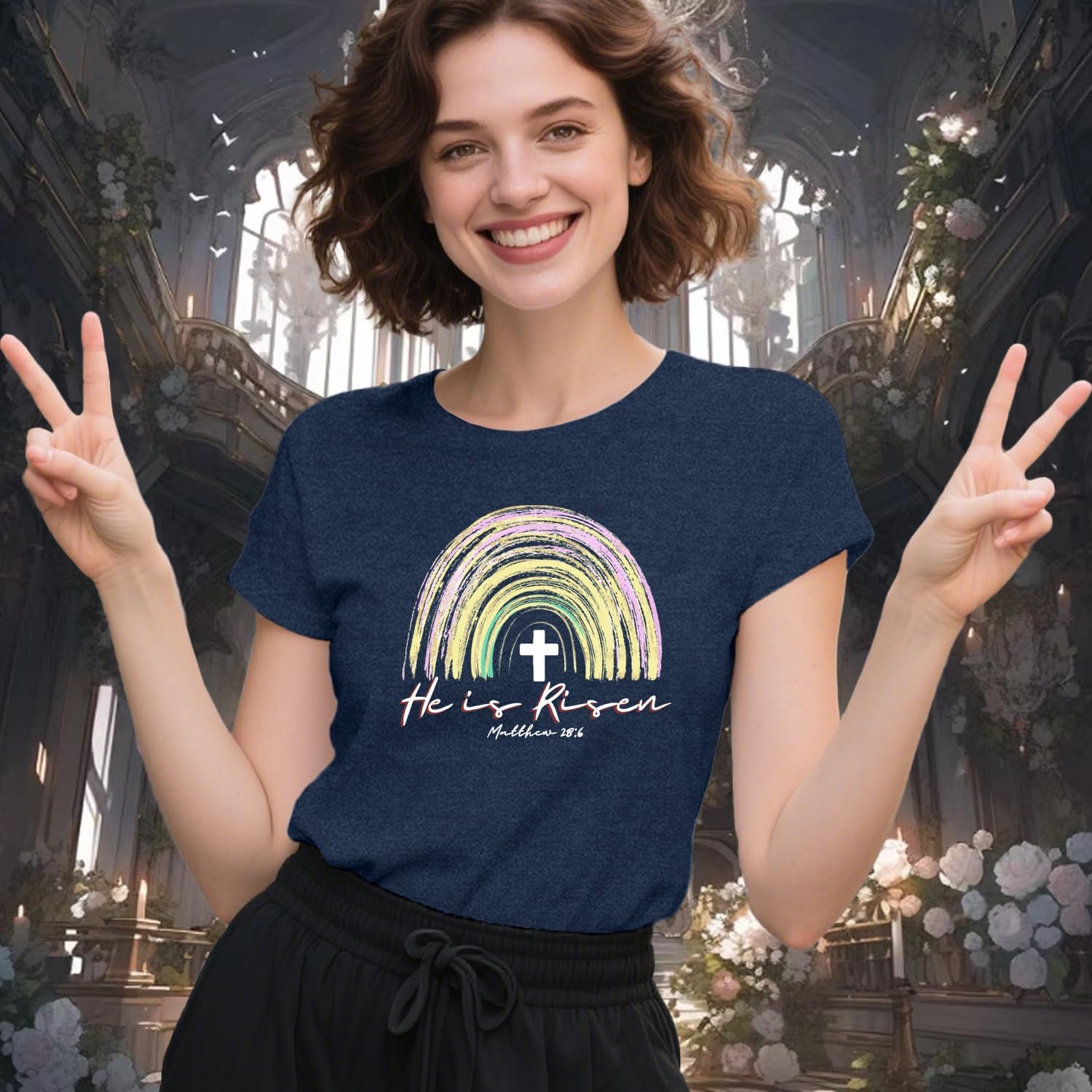 Christian Shirts for Women He is Risen T-Shirt Cross Rainbow Jesus Faith Tee Tops - Image 2